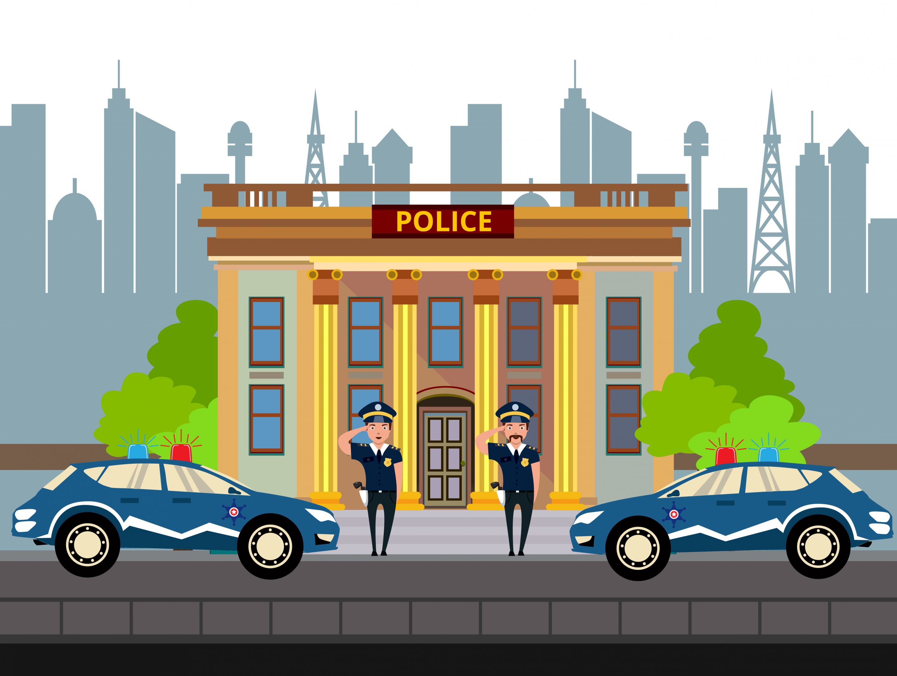 police station facade design officers car icons decoration