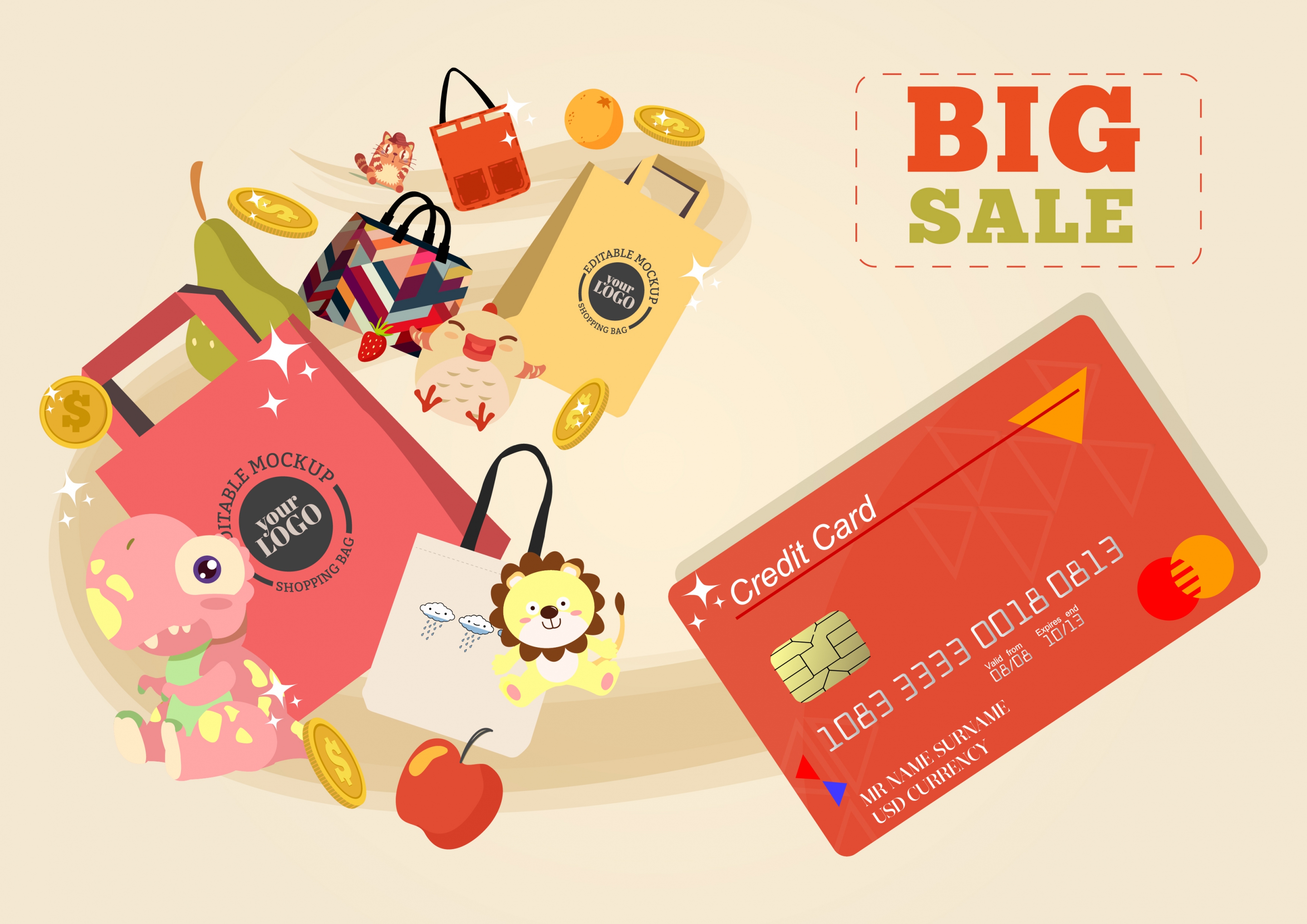 big sale banner credit card shopping elements decor