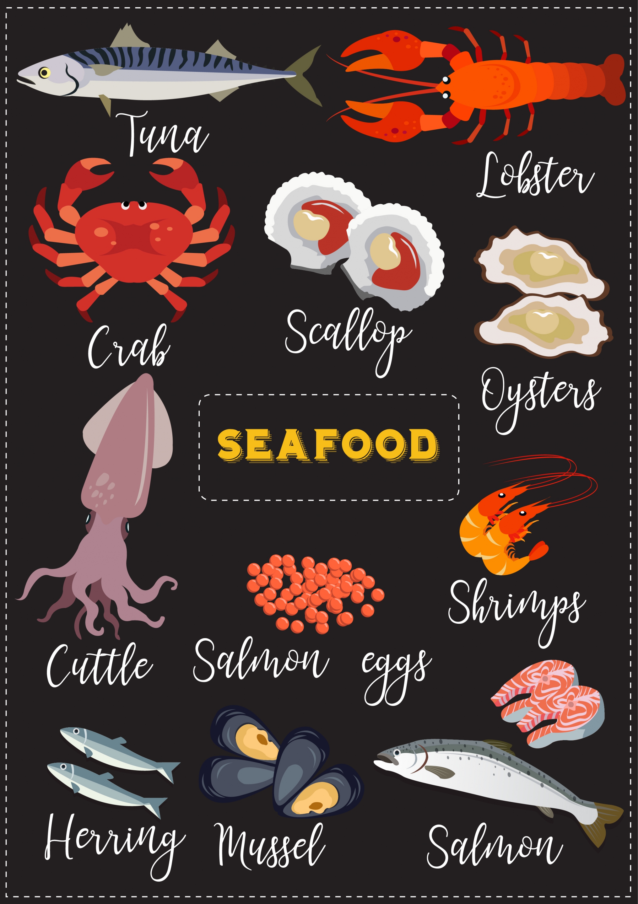 seafood advertising dark design various colored icons