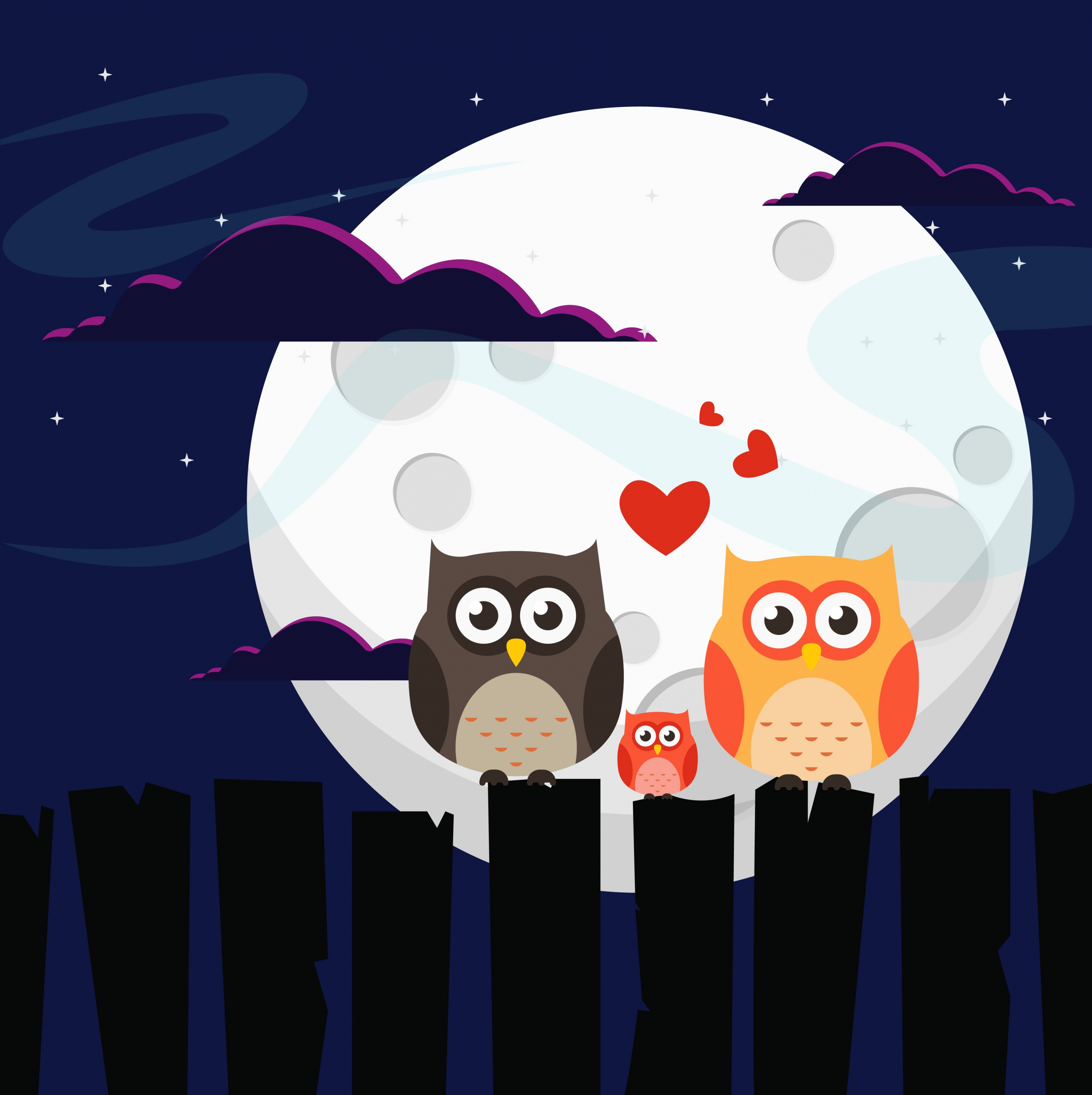 wildlife background owl family moonlight icons colored cartoon