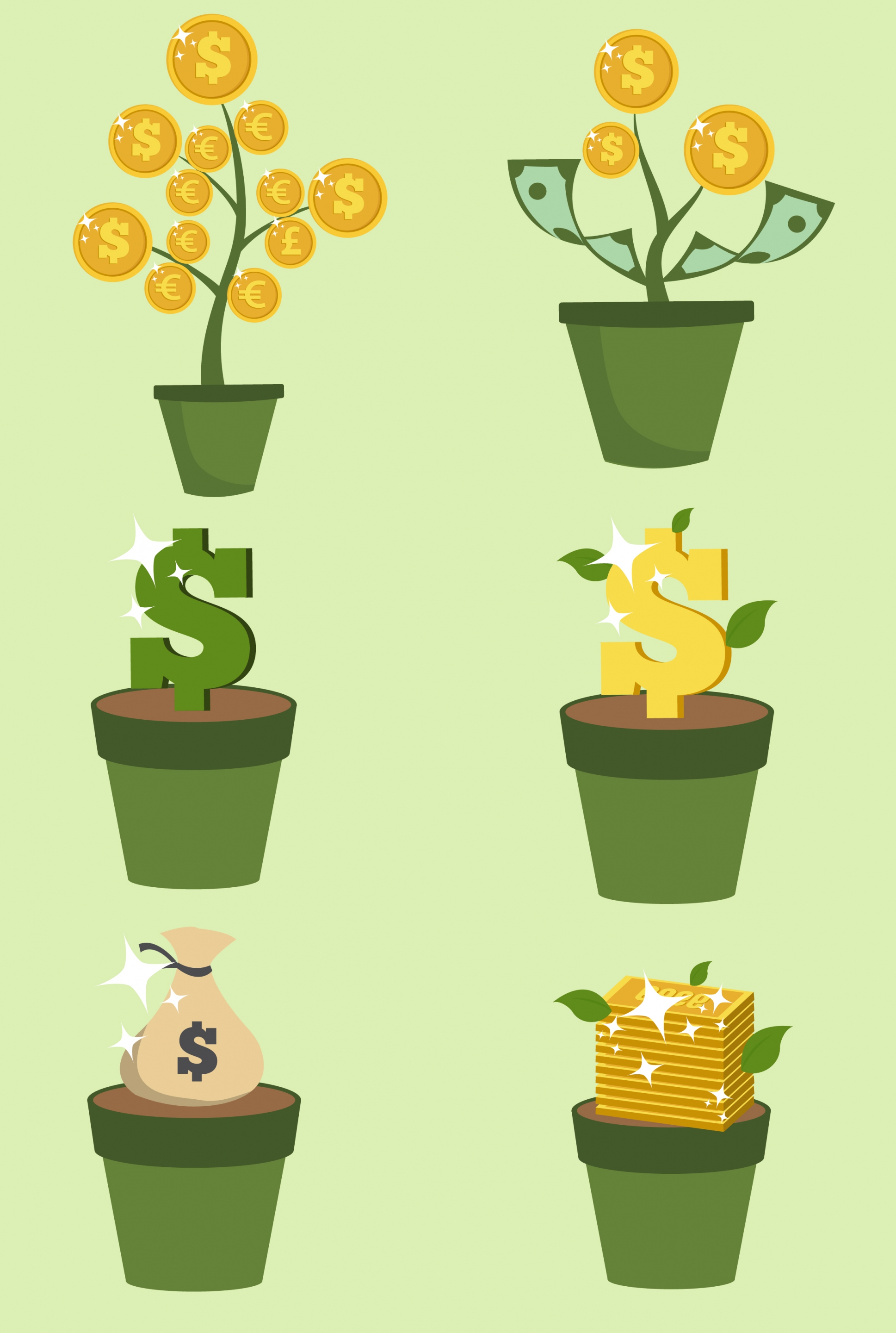 investment design elements pot tree coins gold icons