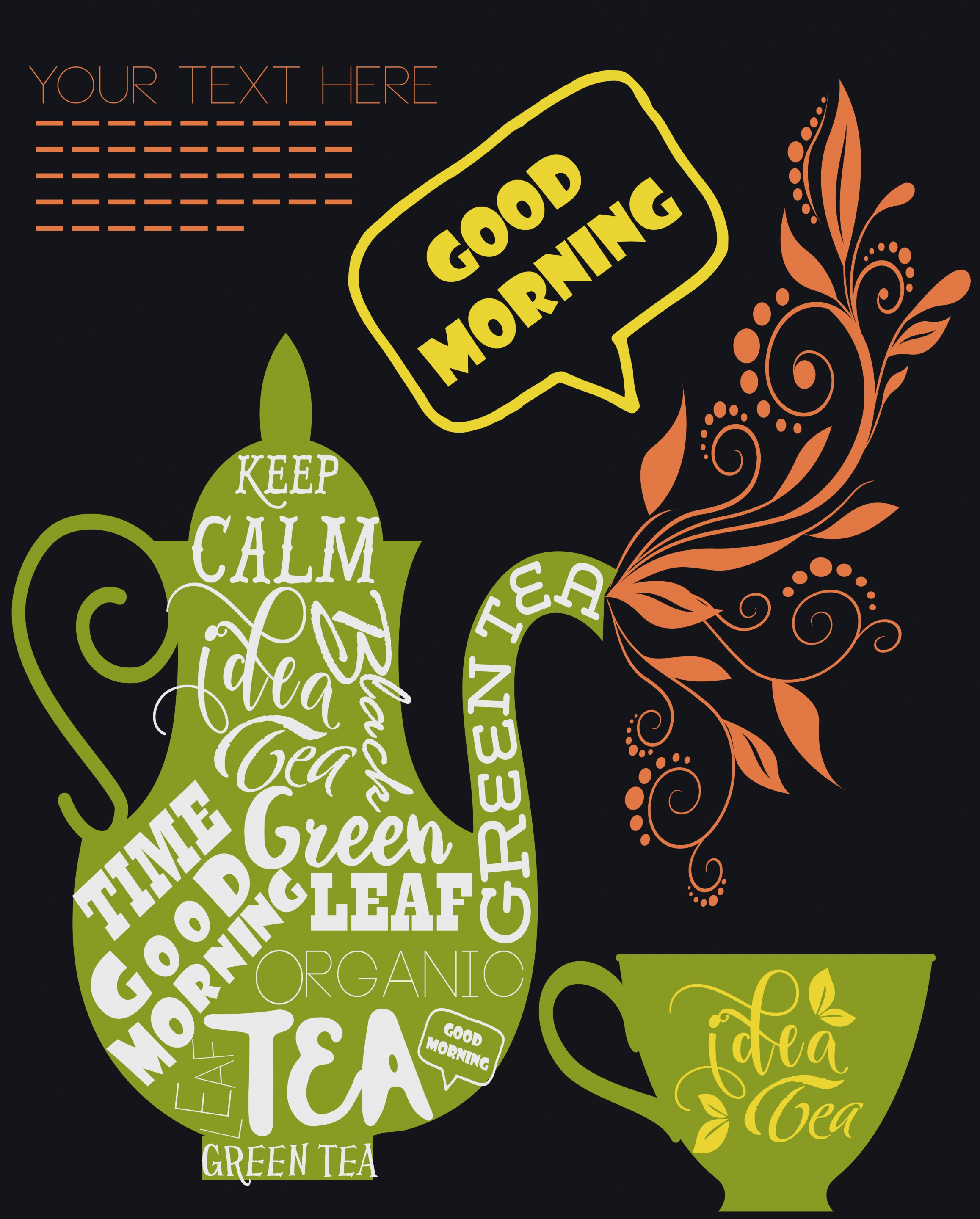 tea advertisement green flat design calligraphic flowers decor