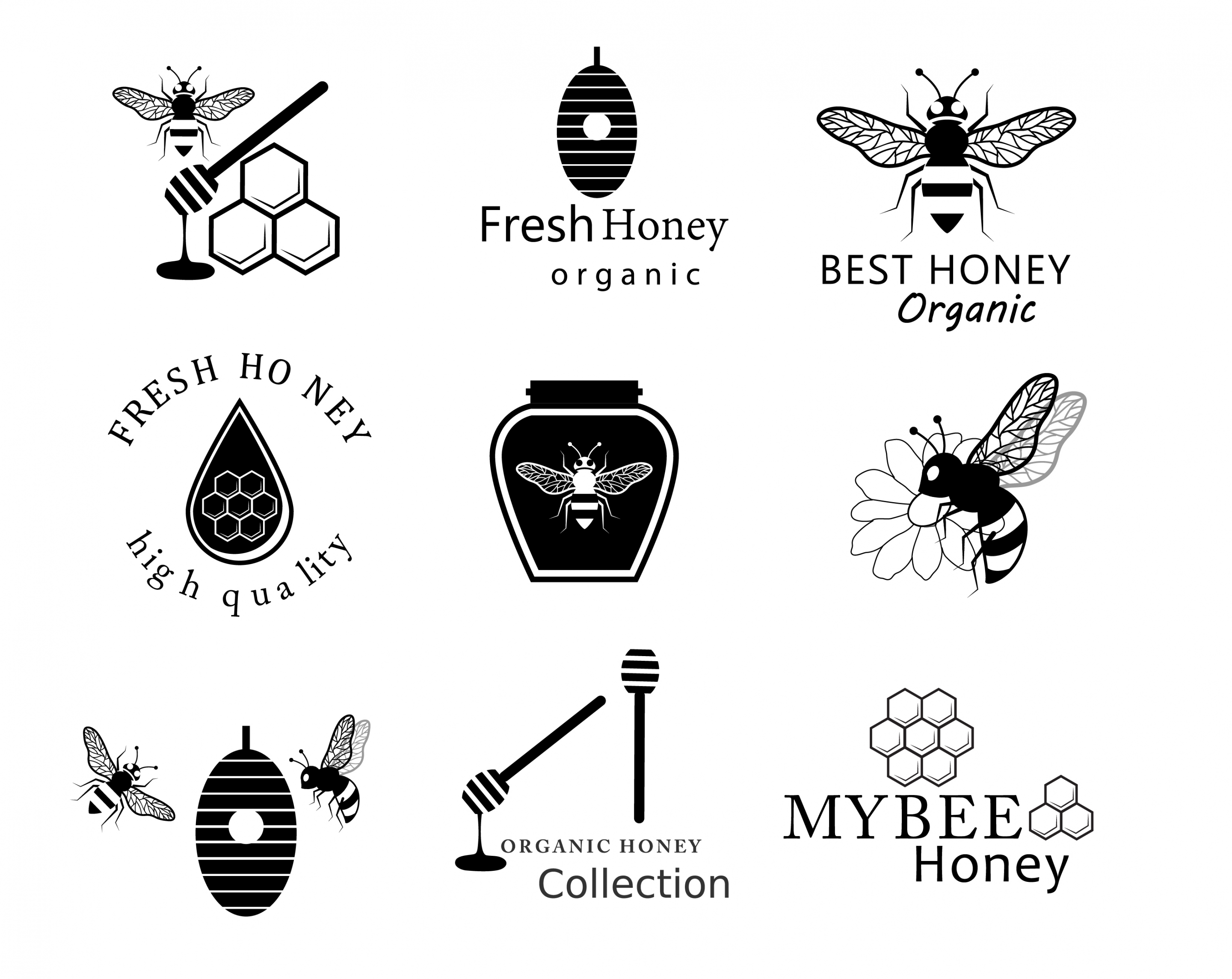 honey logotypes black white design various icons isolation