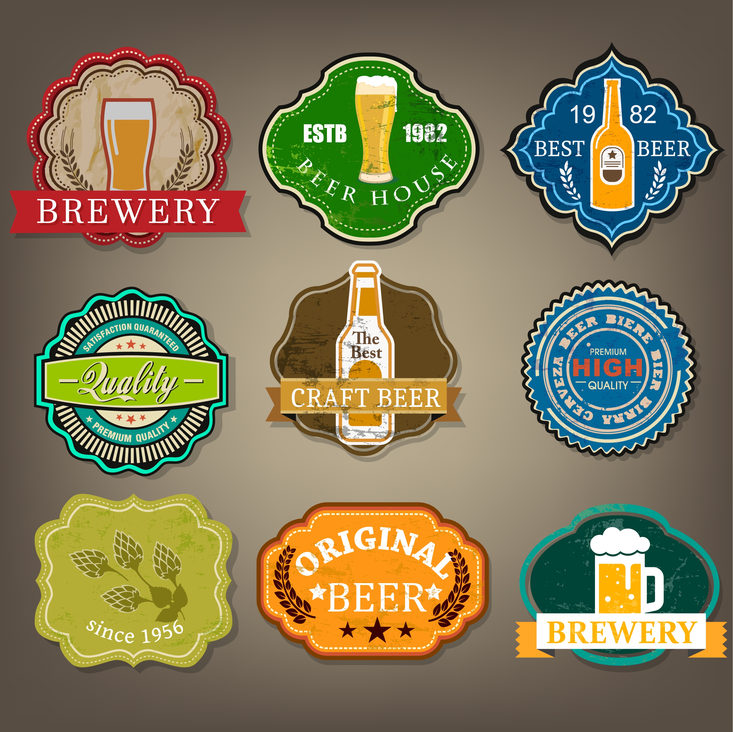 beer labels collection various multicolored retro shapes isolation