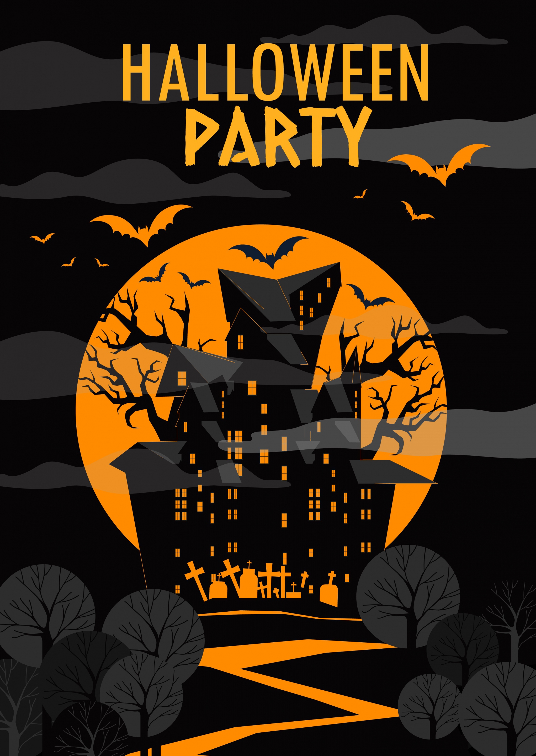 halloween party banner yellow moonlight scary castle icons