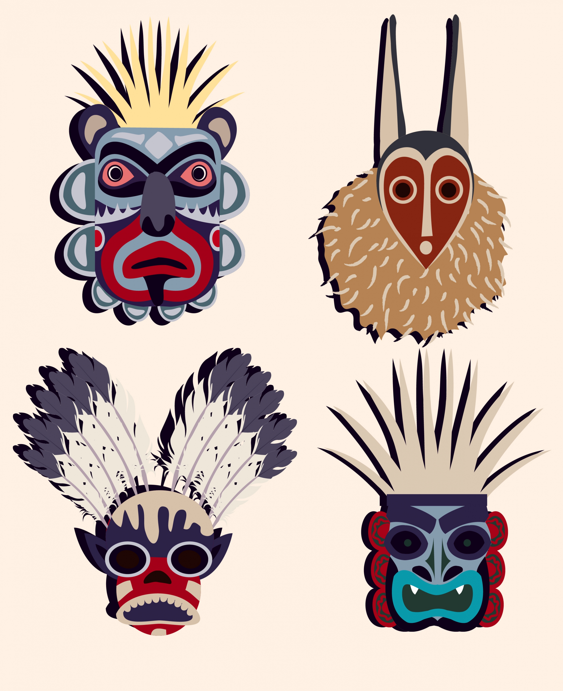 tribal masks icons scary colorful types isolation