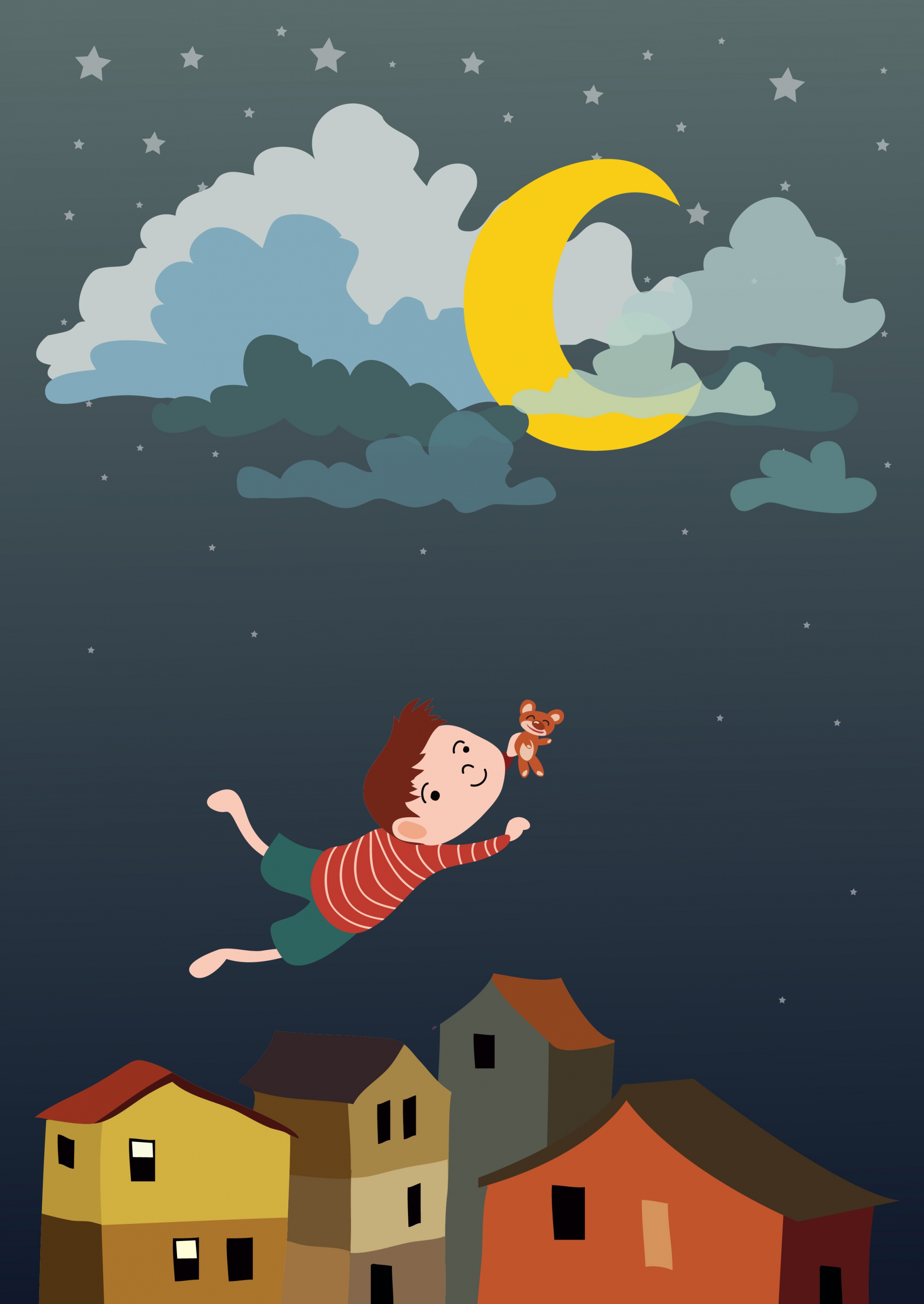 dream background flying kid icon colored cartoon design