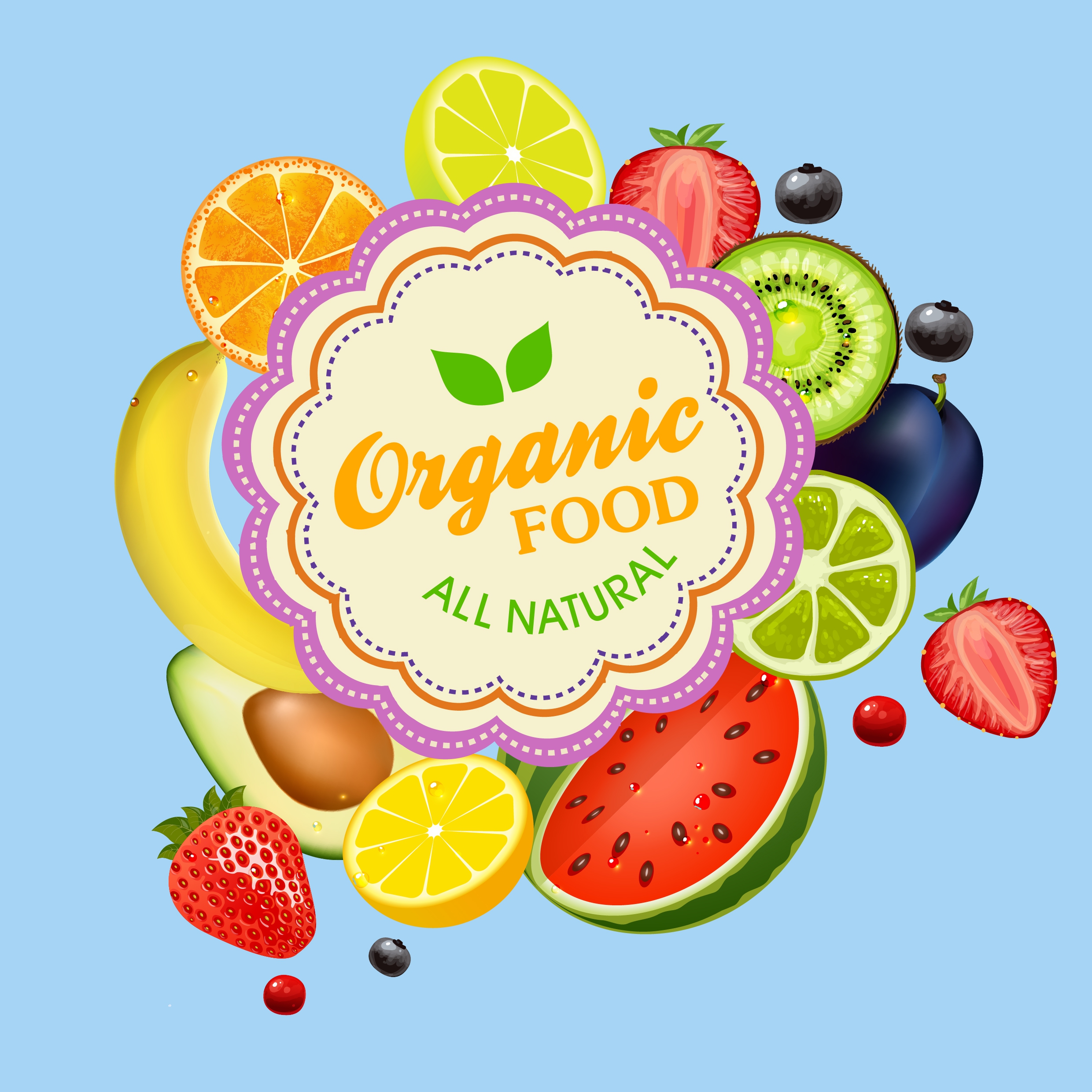 organic food promotion banner various bright colored symbols