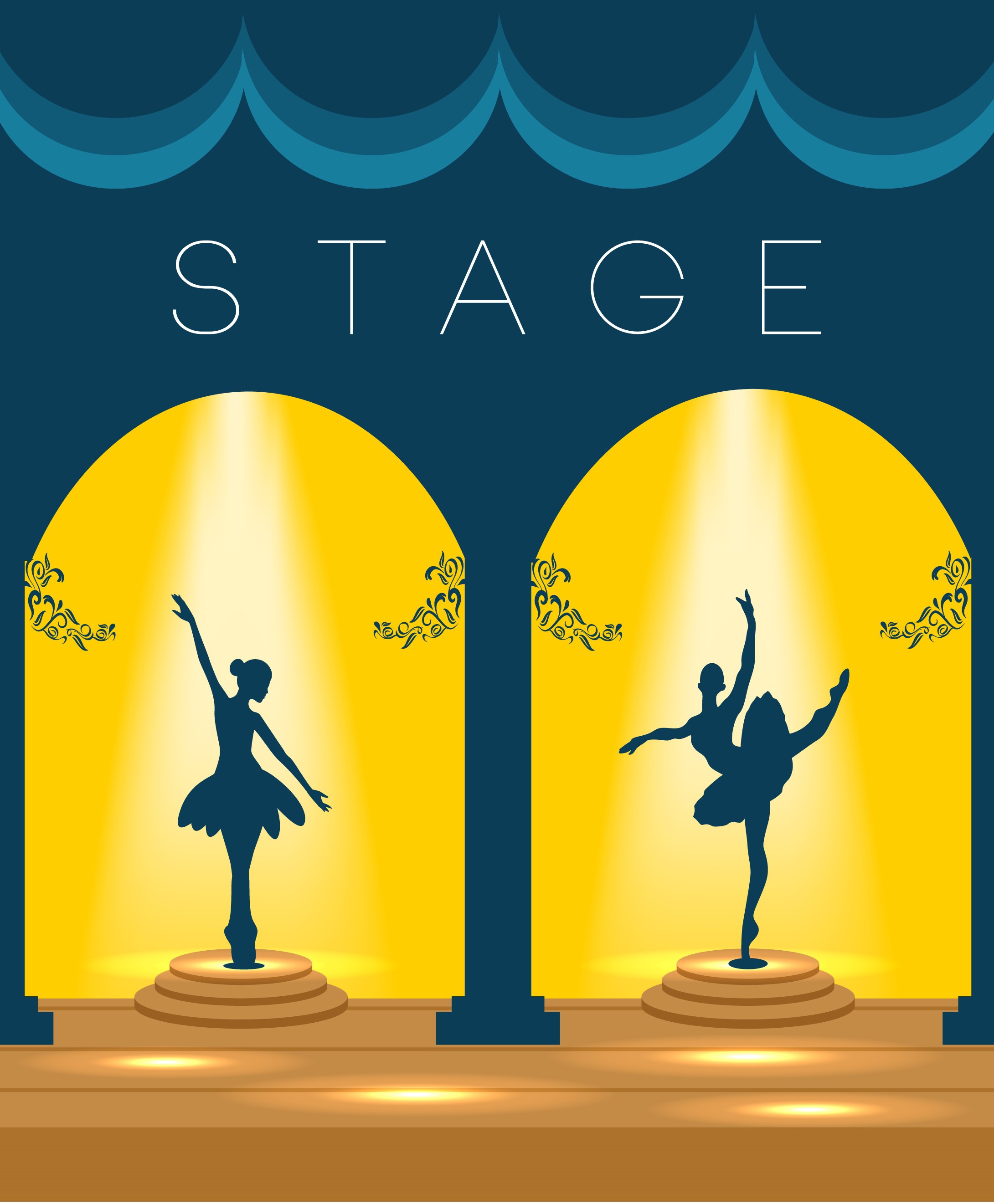 stage design template shiny yellow decoration ballerina icons