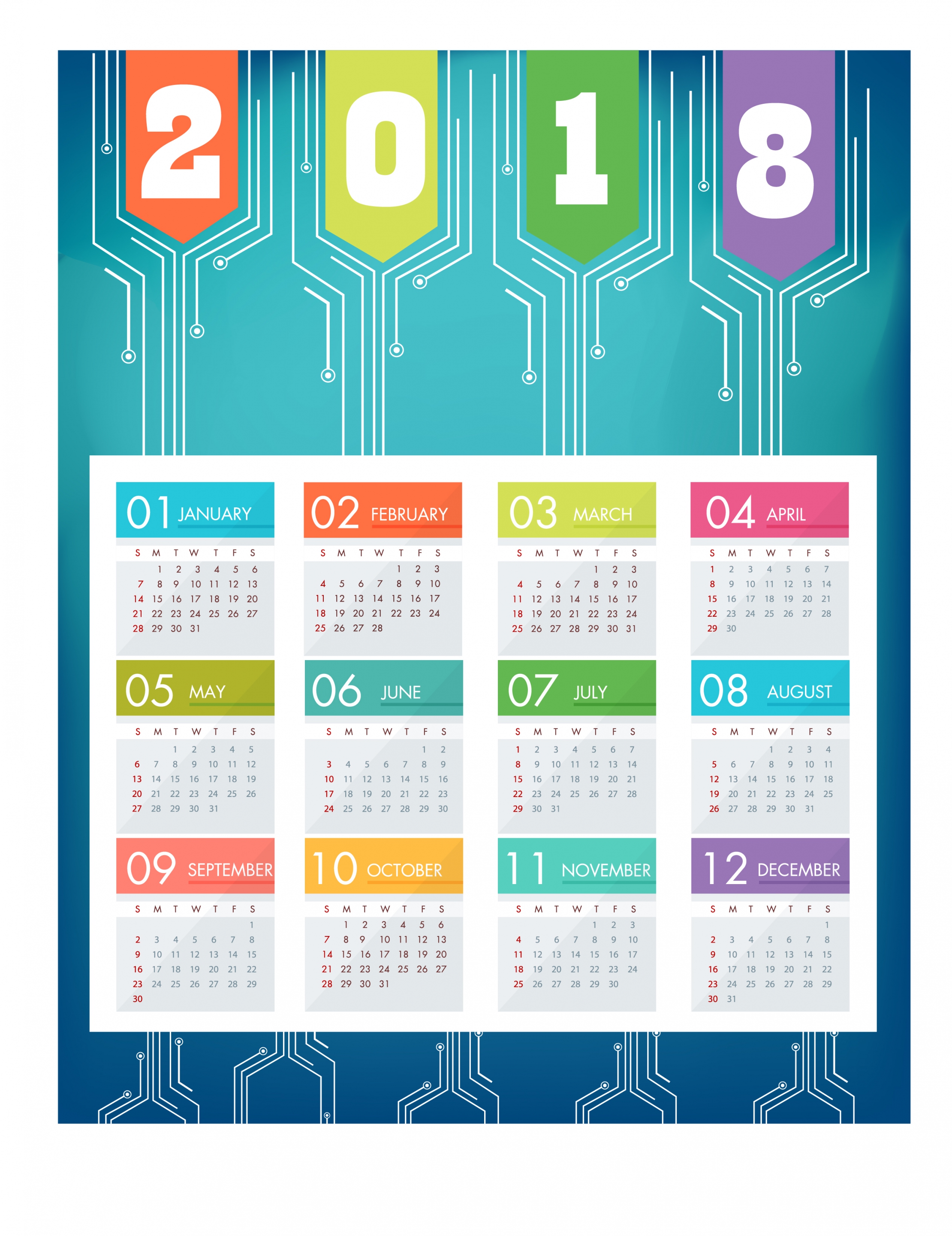 2018 calendar background blue modern decor technology style