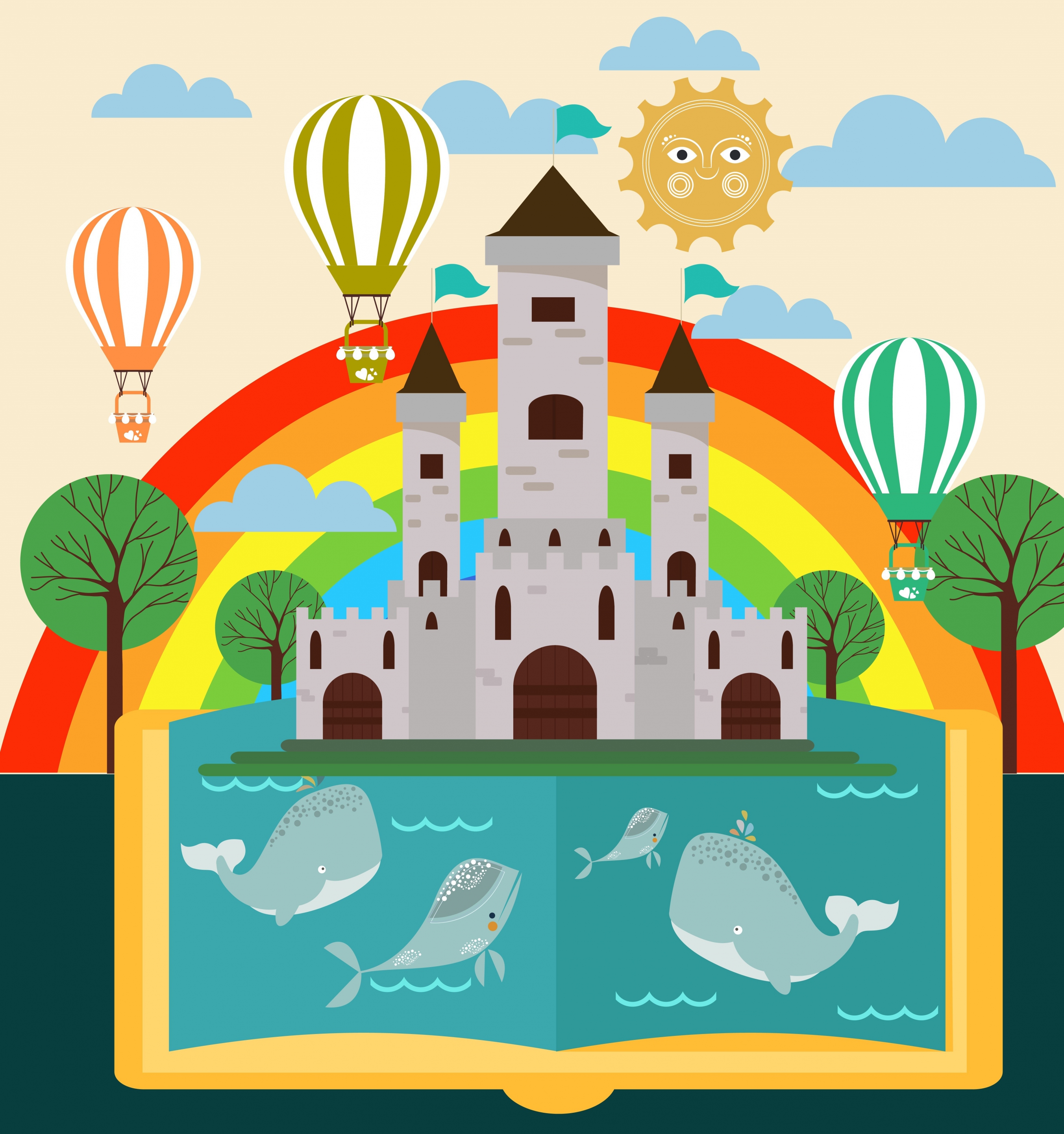 landscape book background colorful rainbow castle whale icons