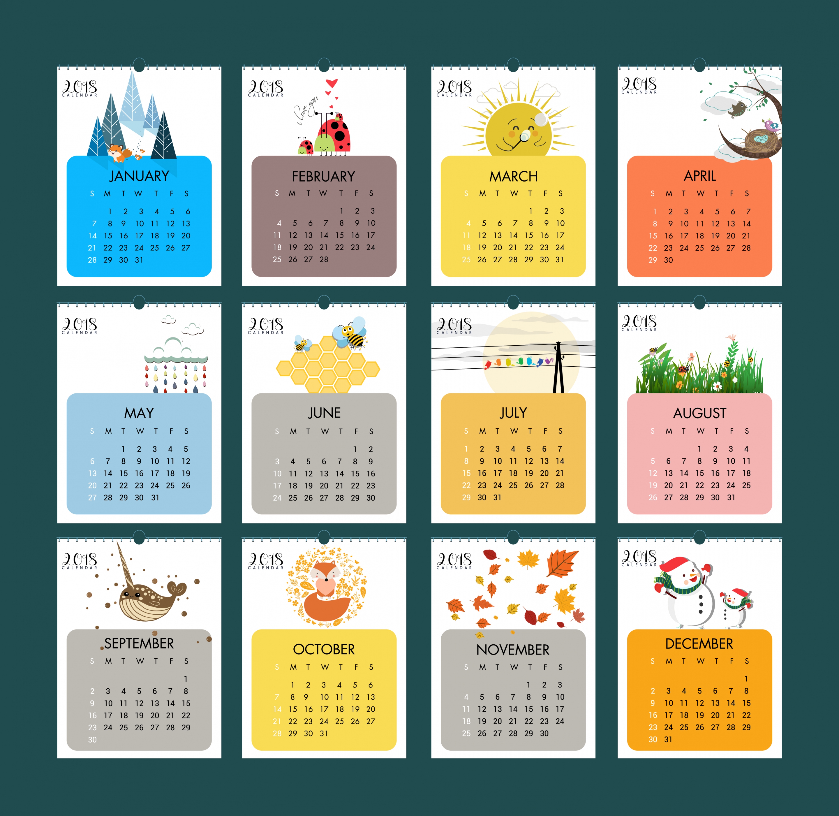 2018 calendar design elements natural wild life icons