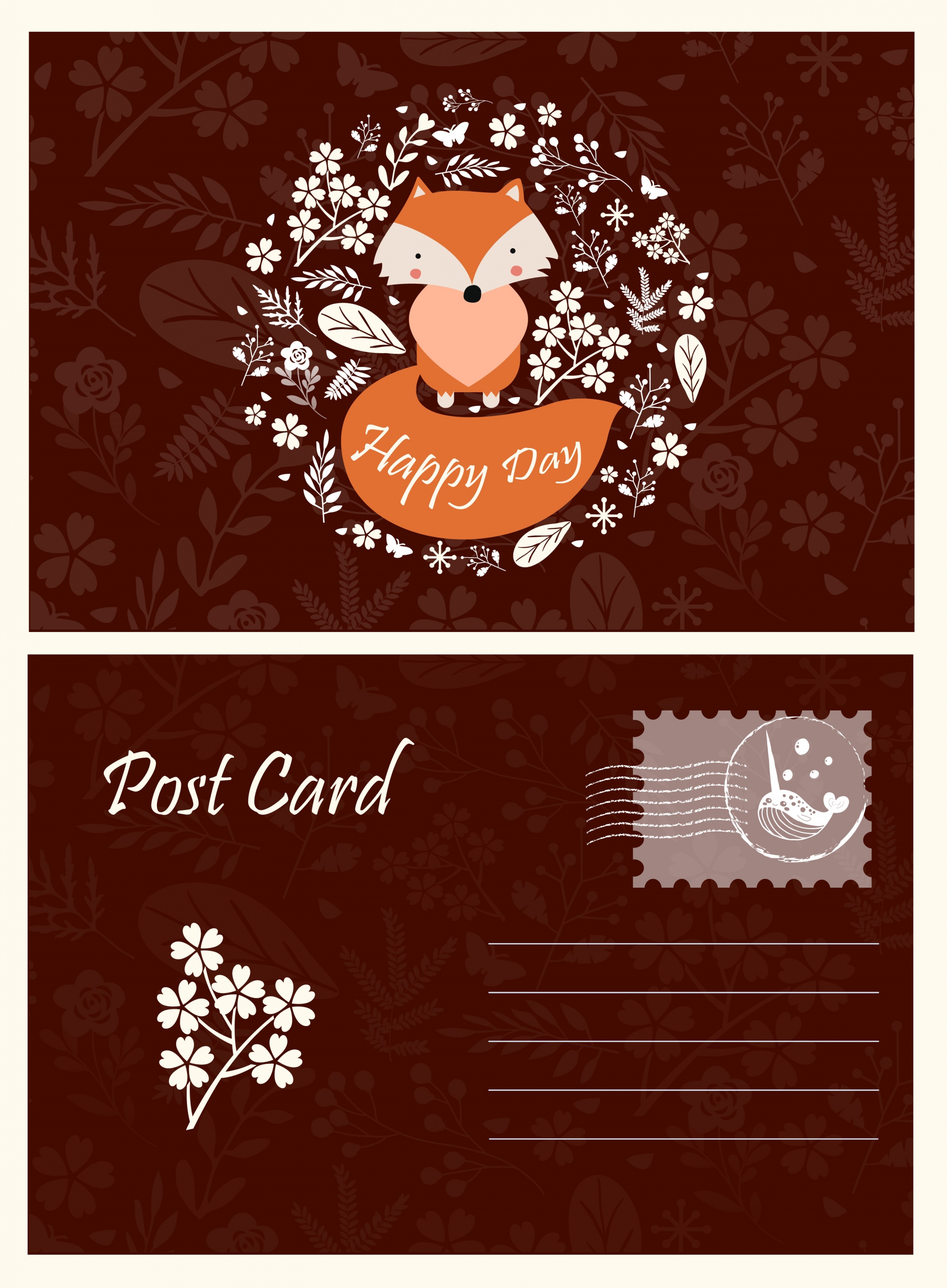 postcard template wild nature decor fox leaves icons