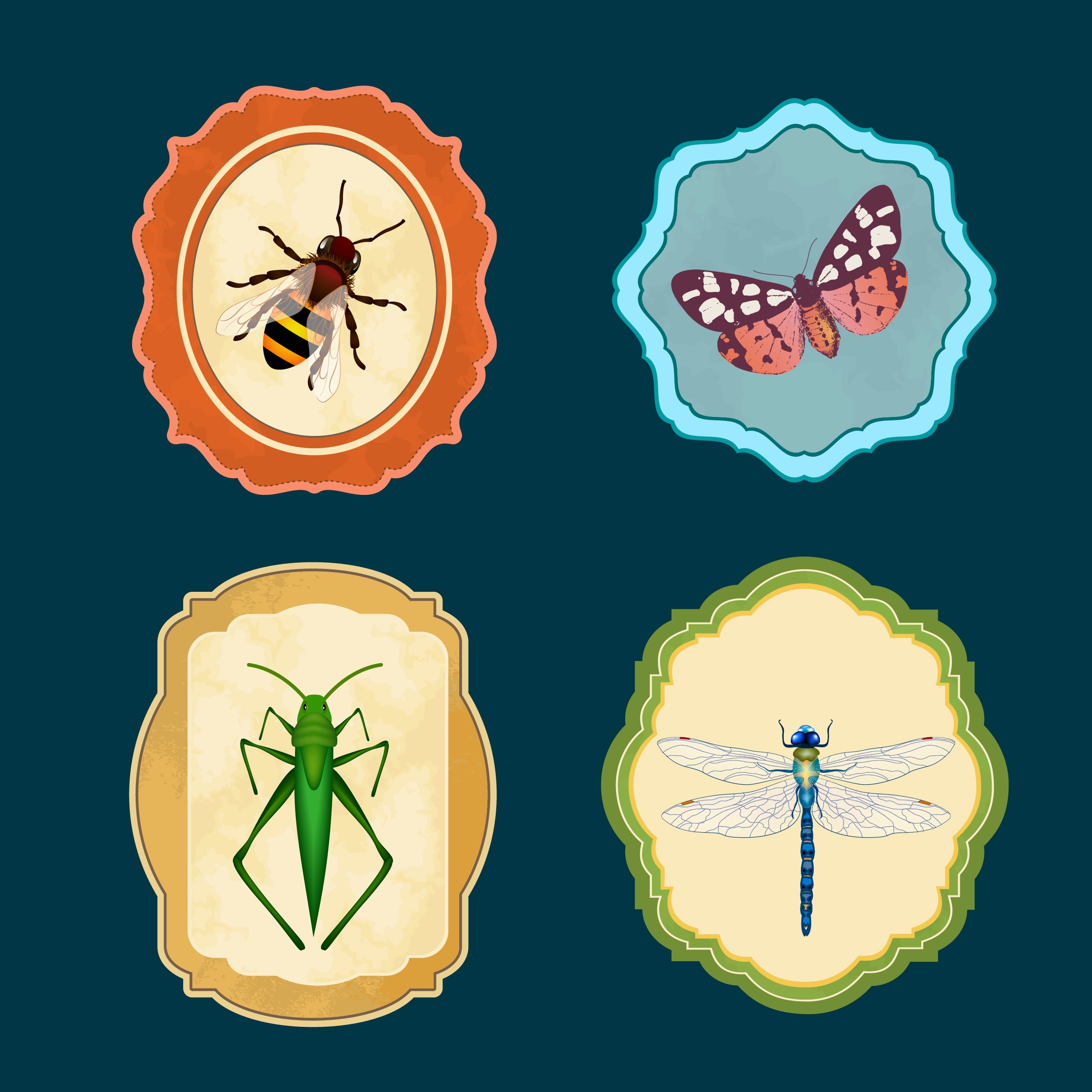 insect icons collection bee butterfly grasshoper dragonfly icons