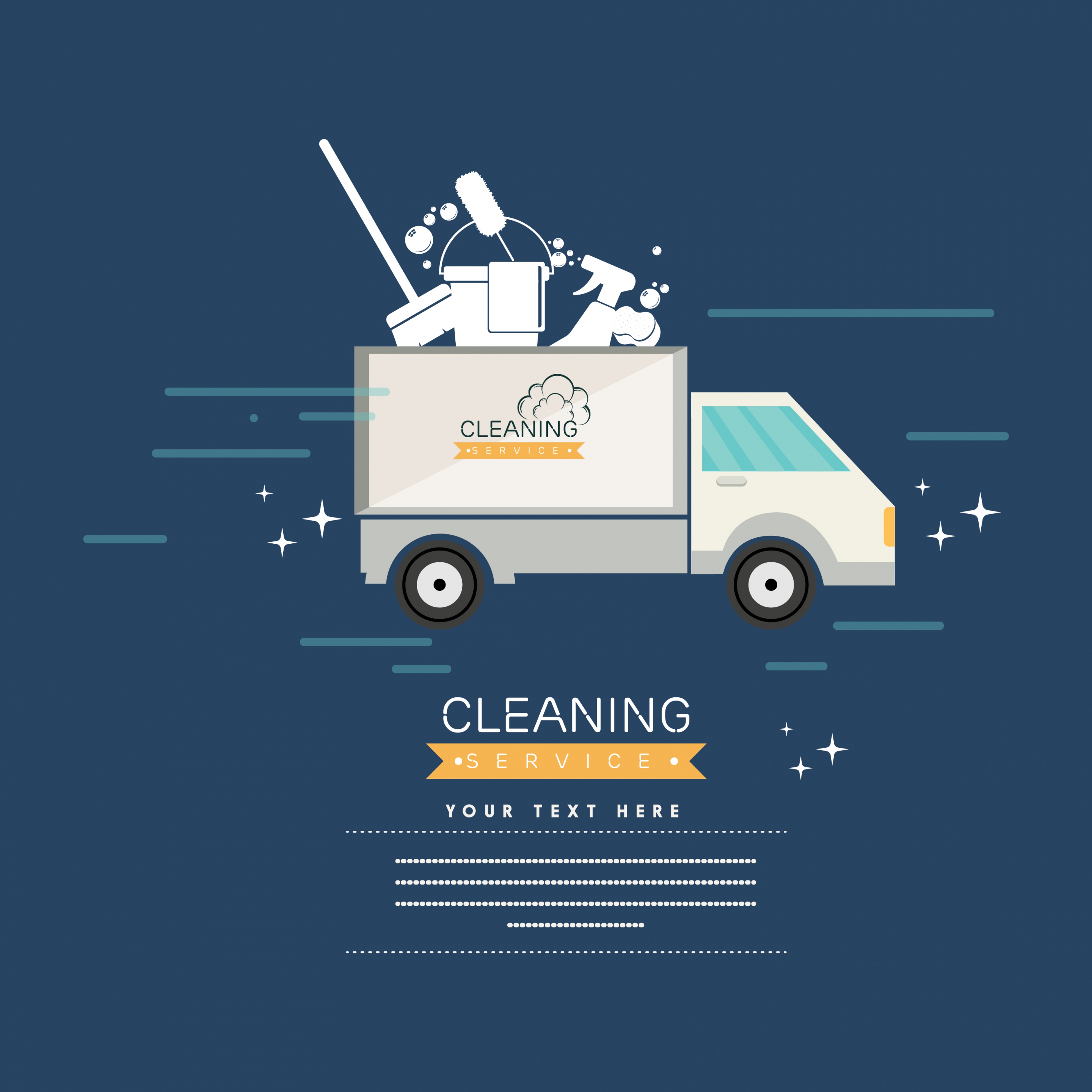 cleaning service banner truck housework tools icons ornament