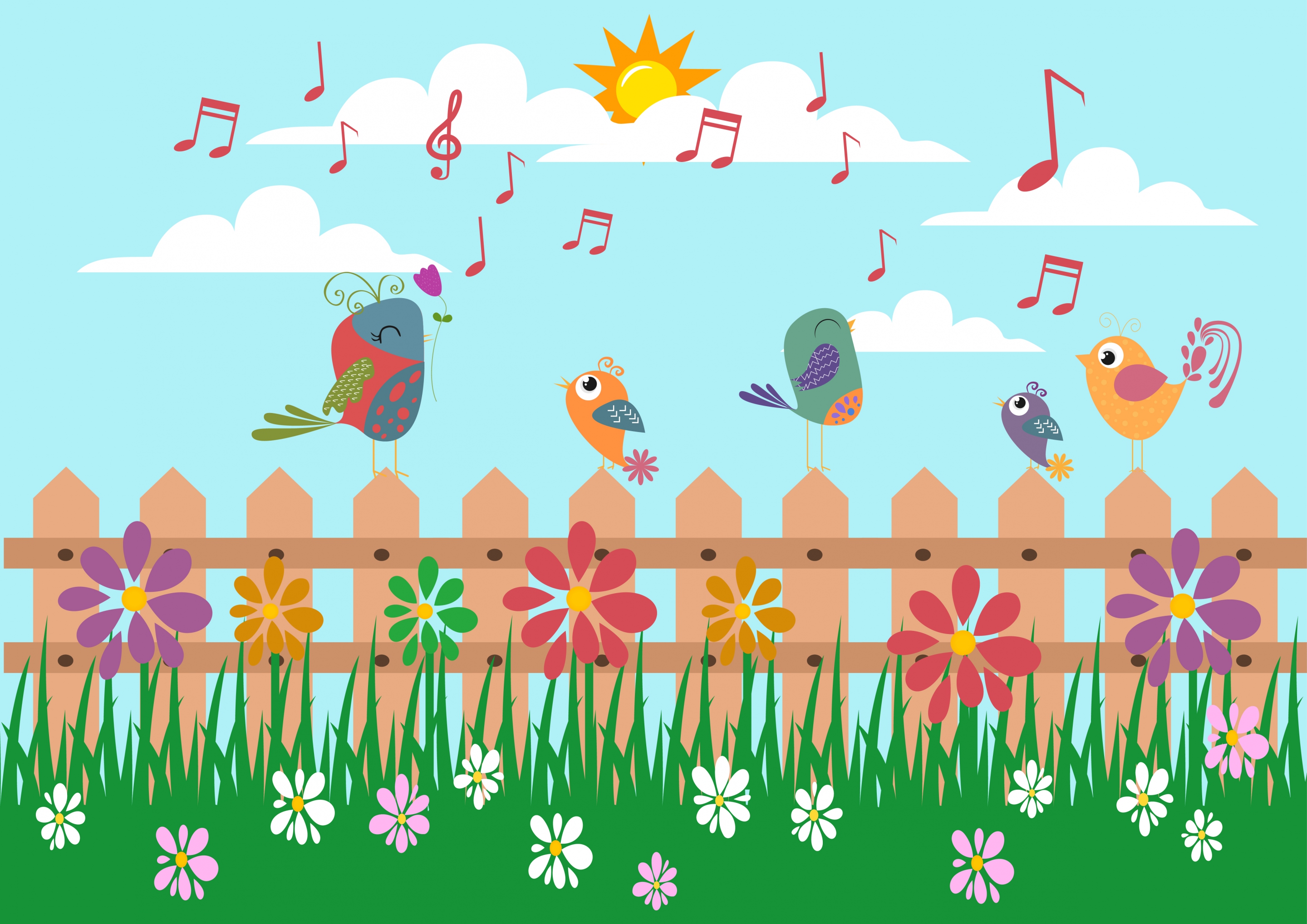 outdoor nature background singing birds grass flora icons