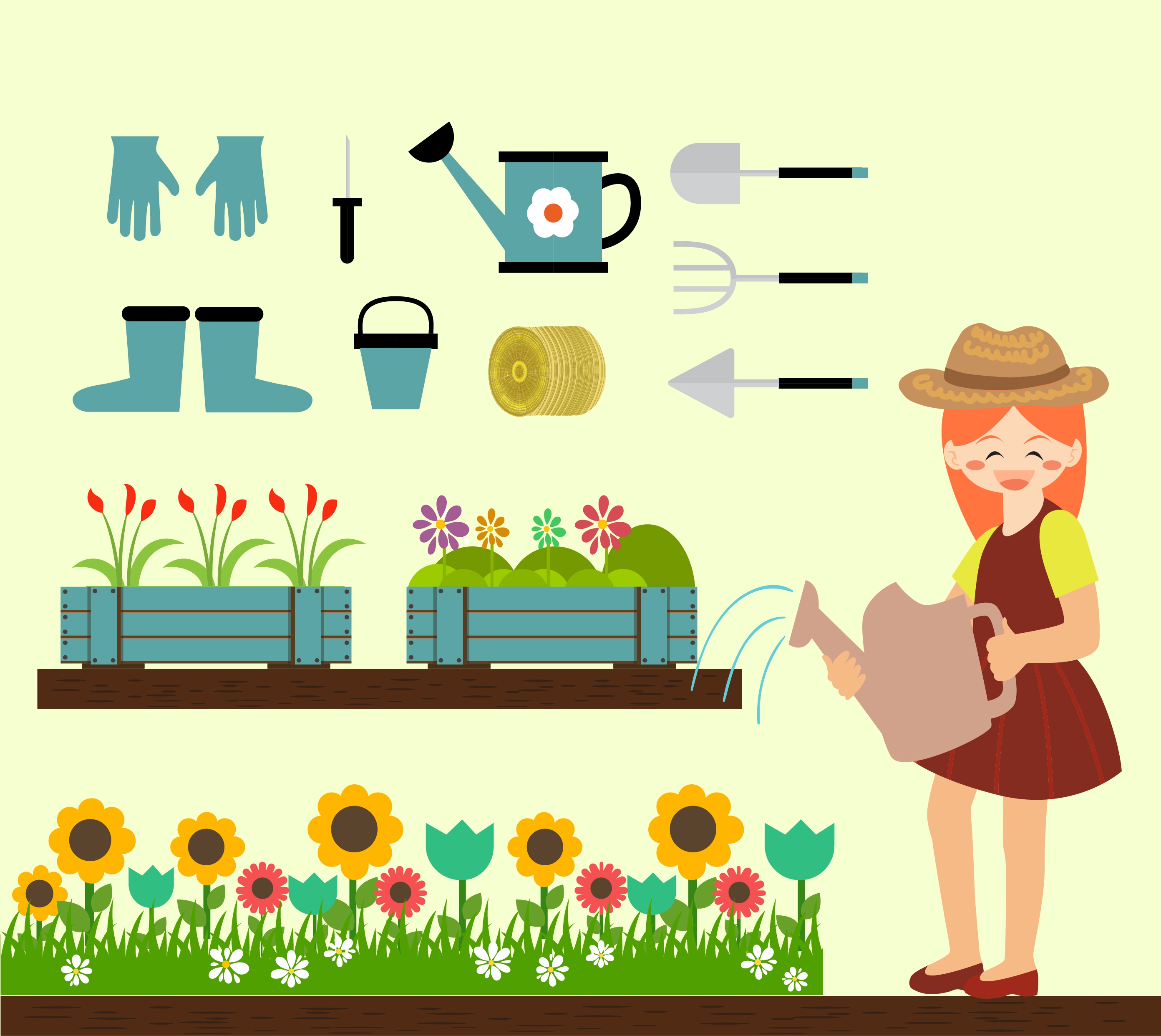 gardening design elements human tools icons colorful design