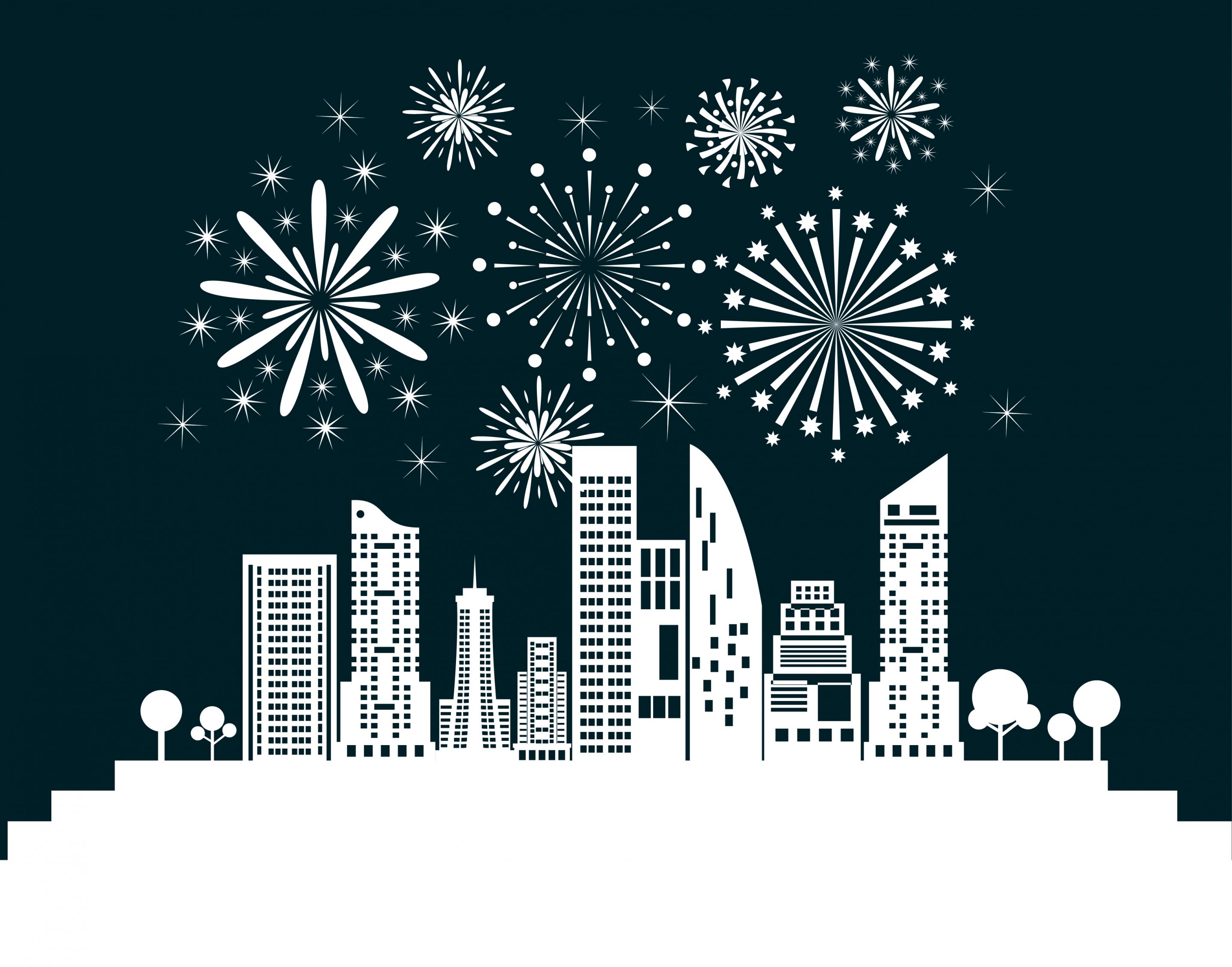 city fireworks background white silhouette design style