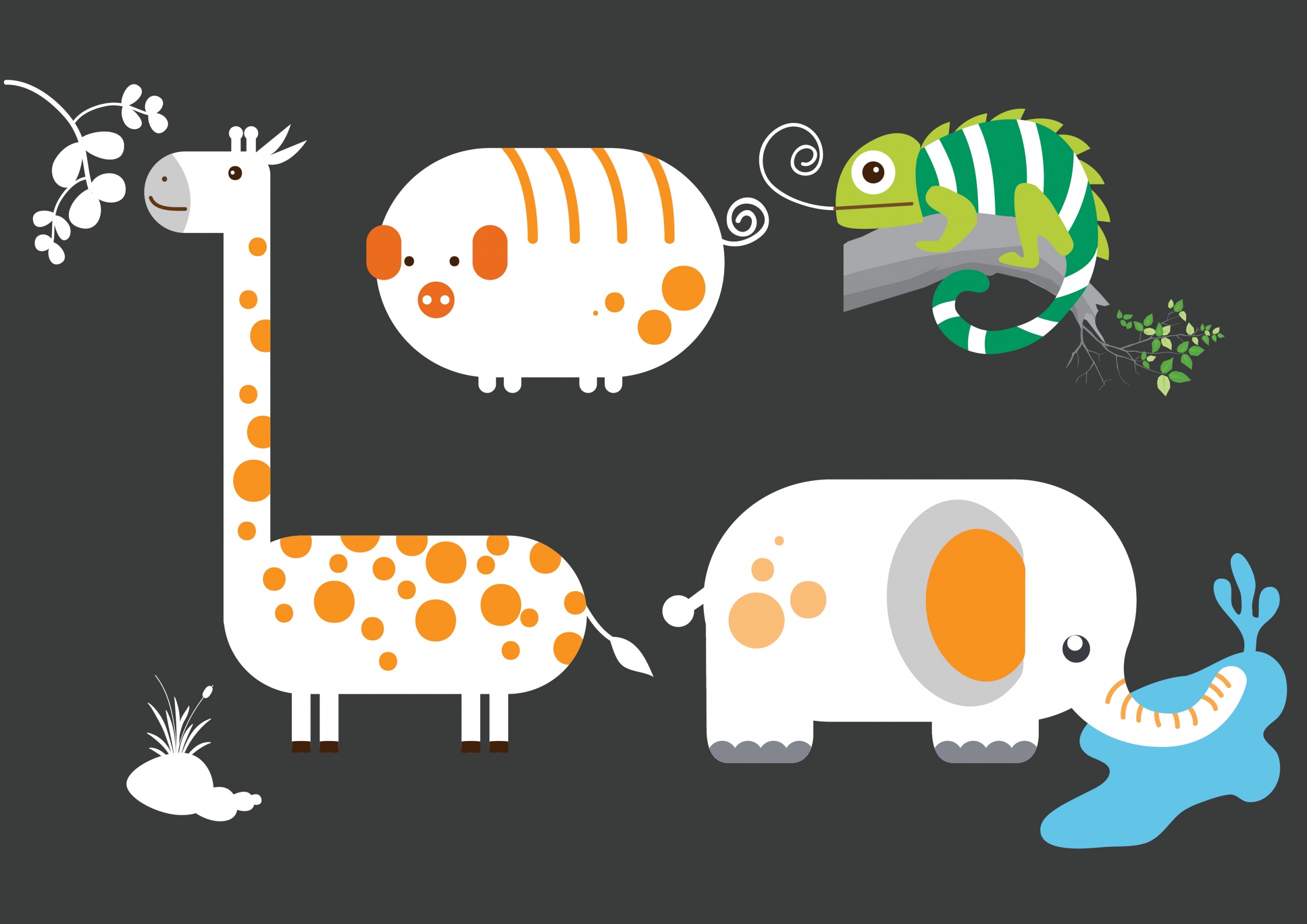 elephant giraffe pig gecko icons flat colored design