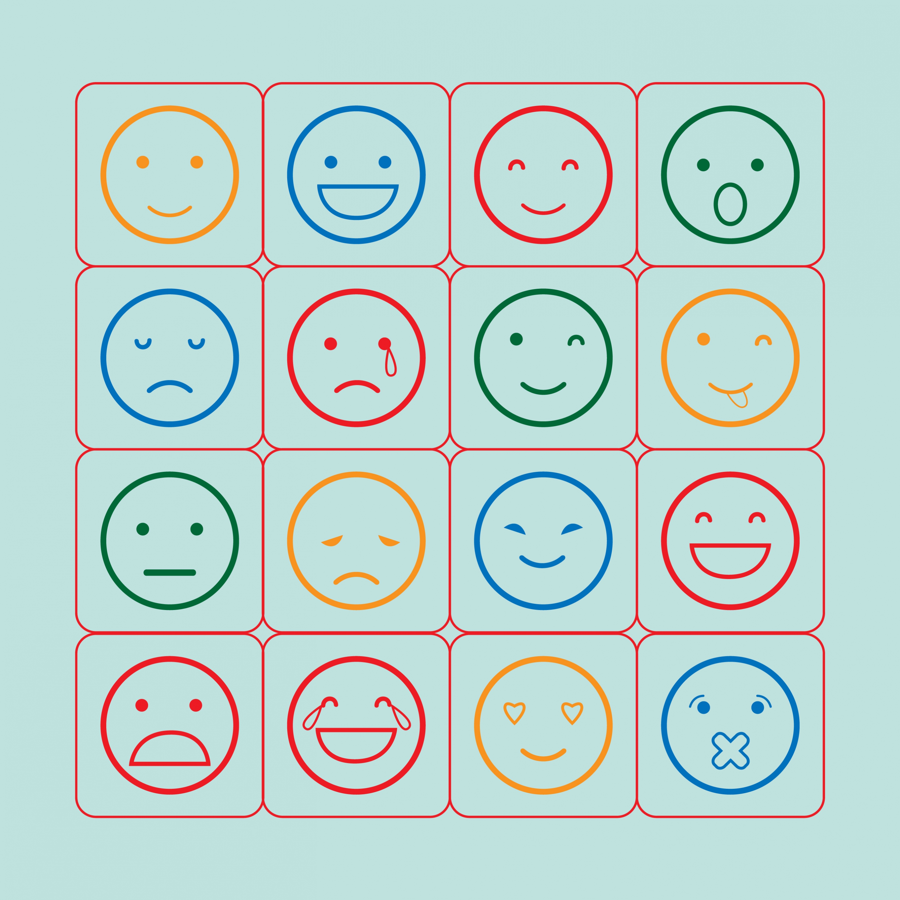 emotional icons outline various colored round types