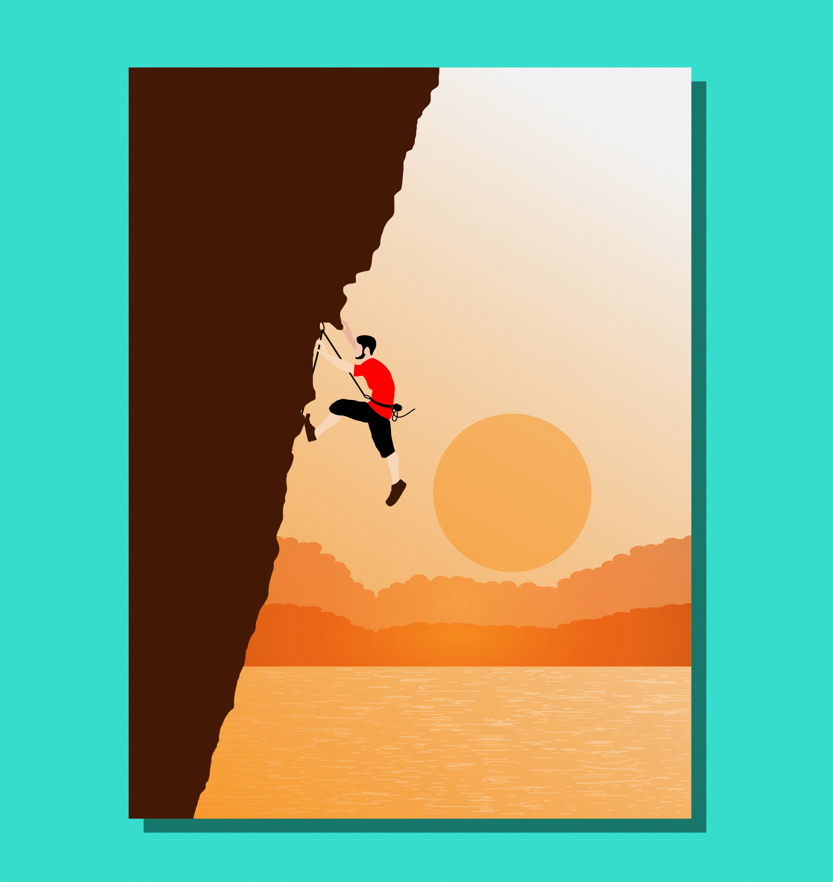 man climbing cliff theme colored cartoon style design