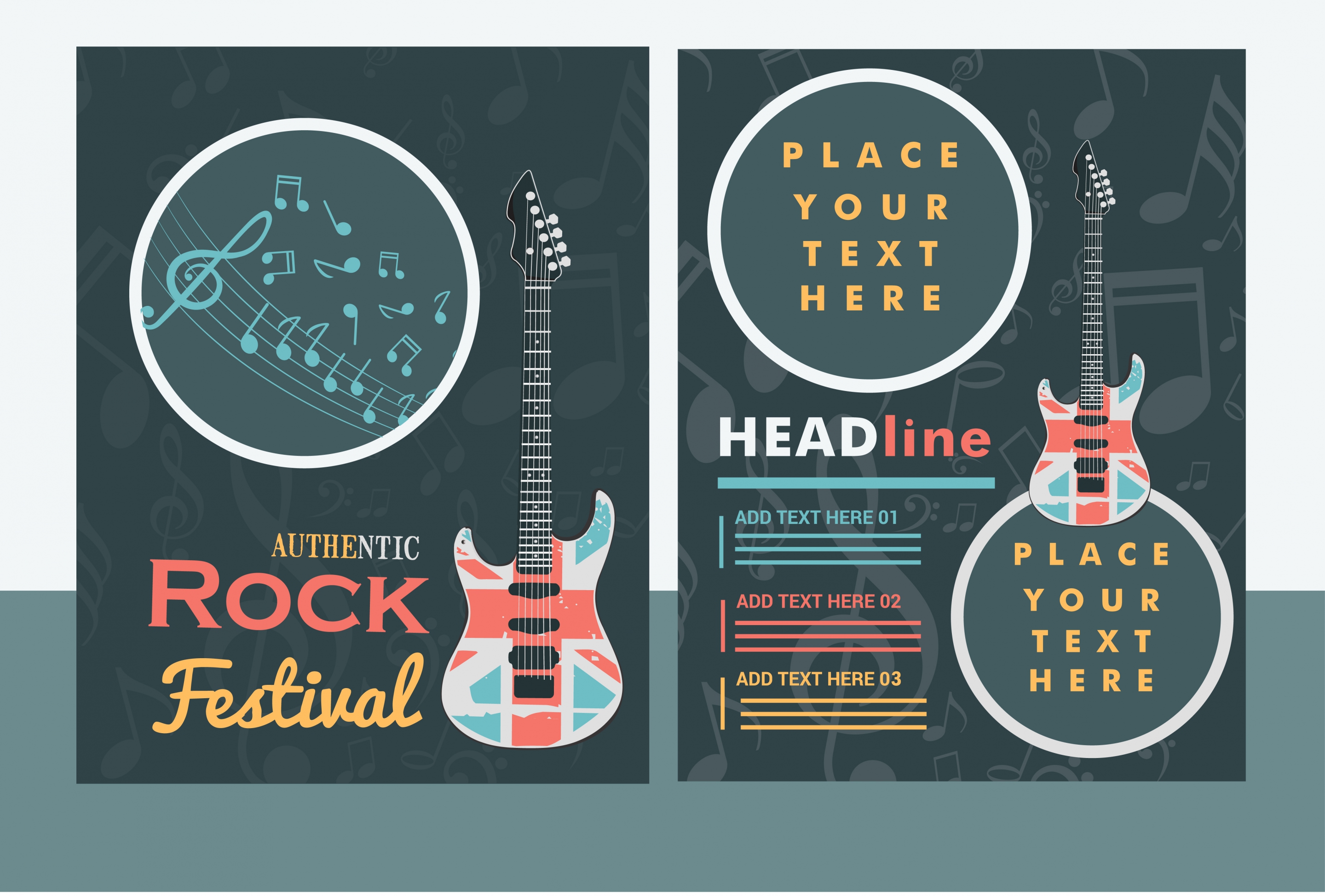 rock festival banner guitar and notes vignette design