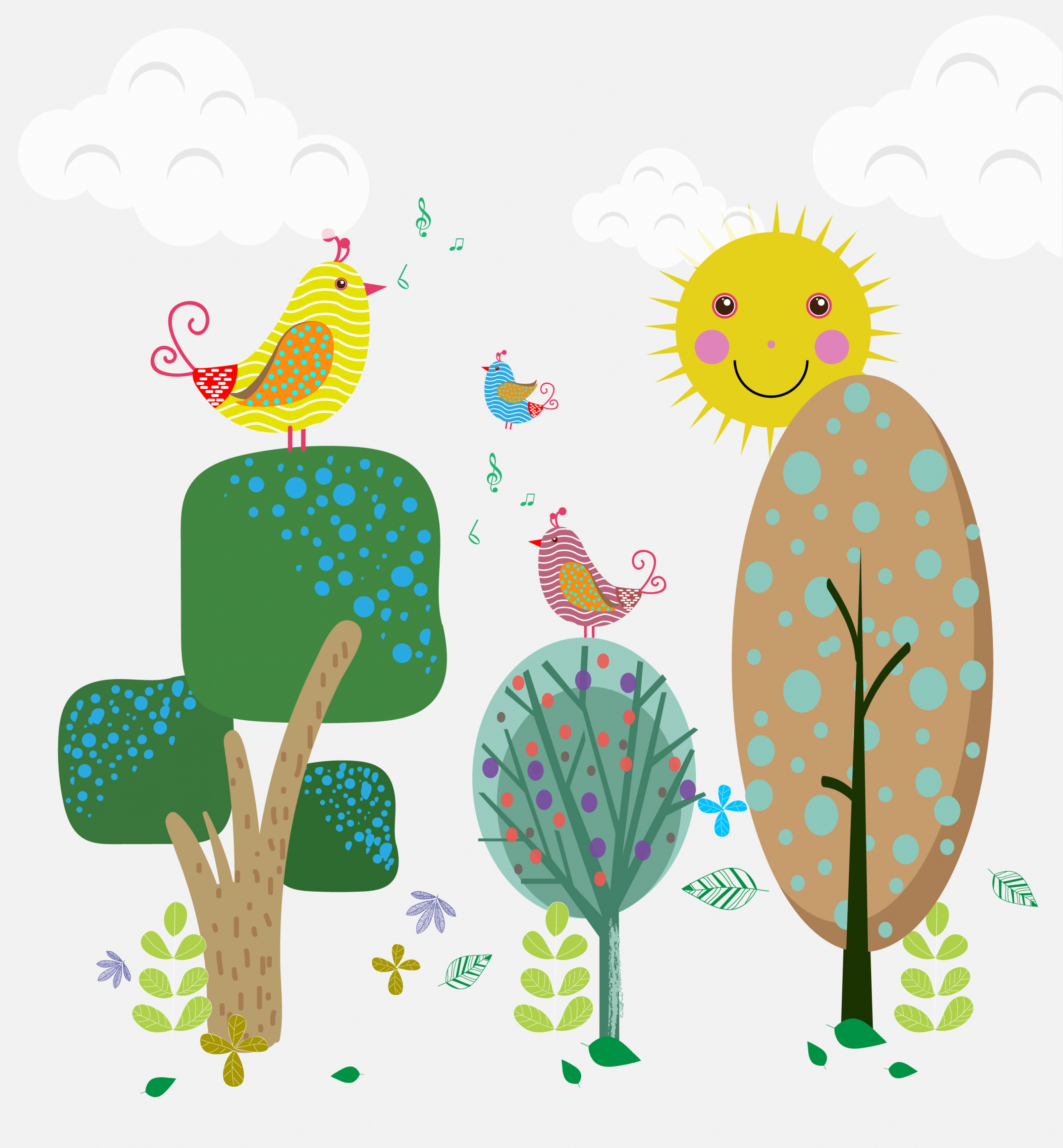 birds singing on tree theme cartoon design style