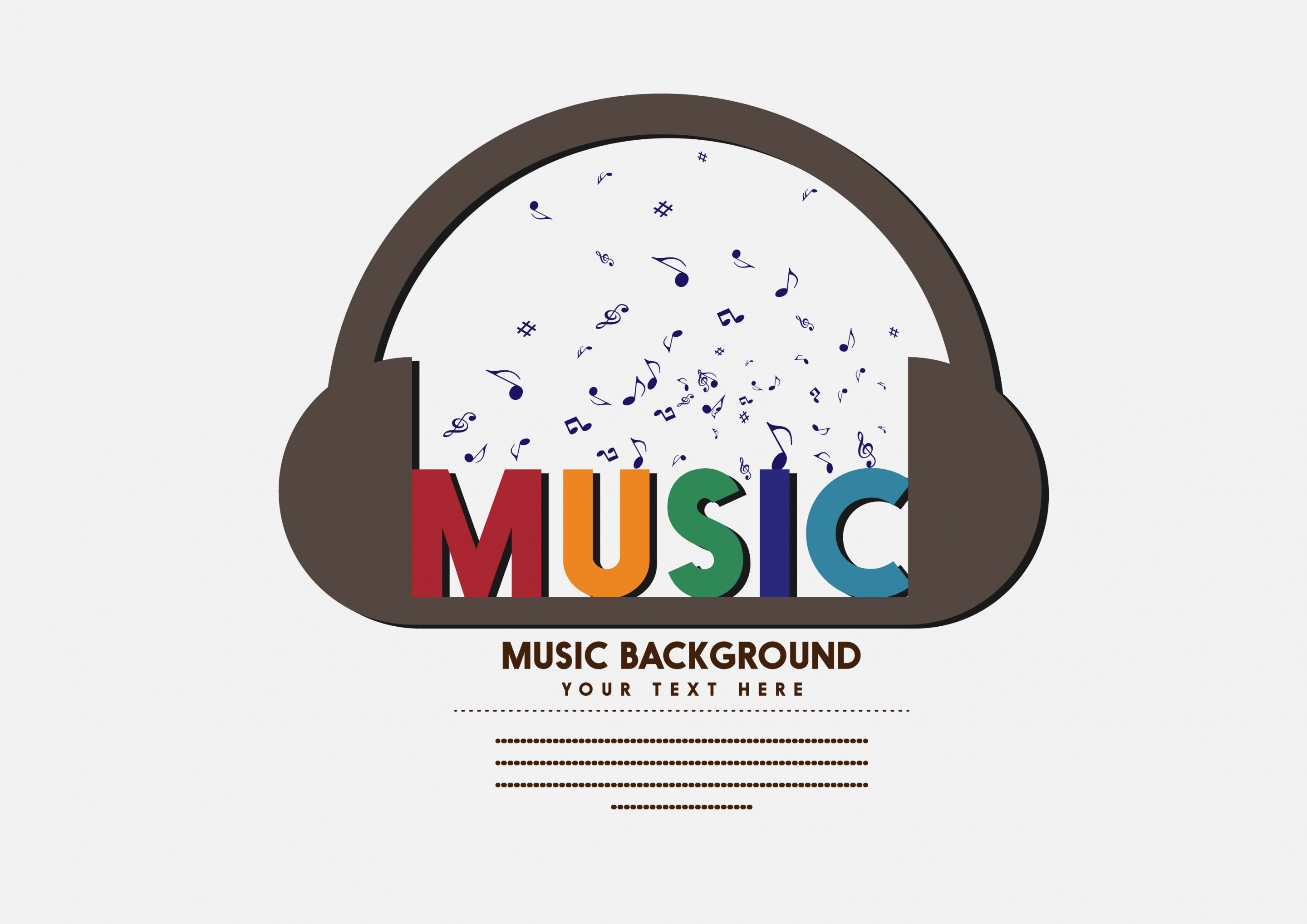 music background floating notes headphone and colorful words