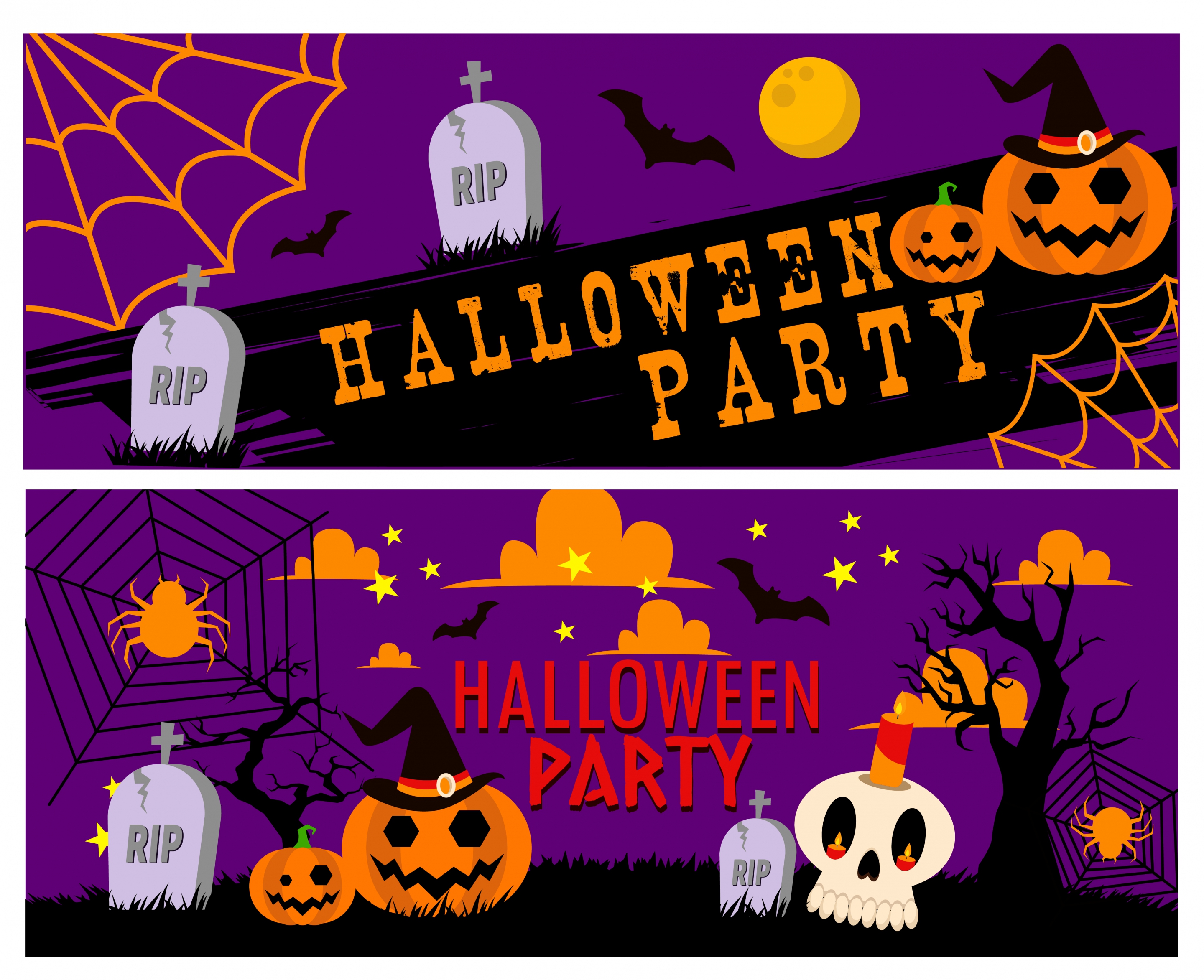 halloween party banners symbol elements on violet backdrop