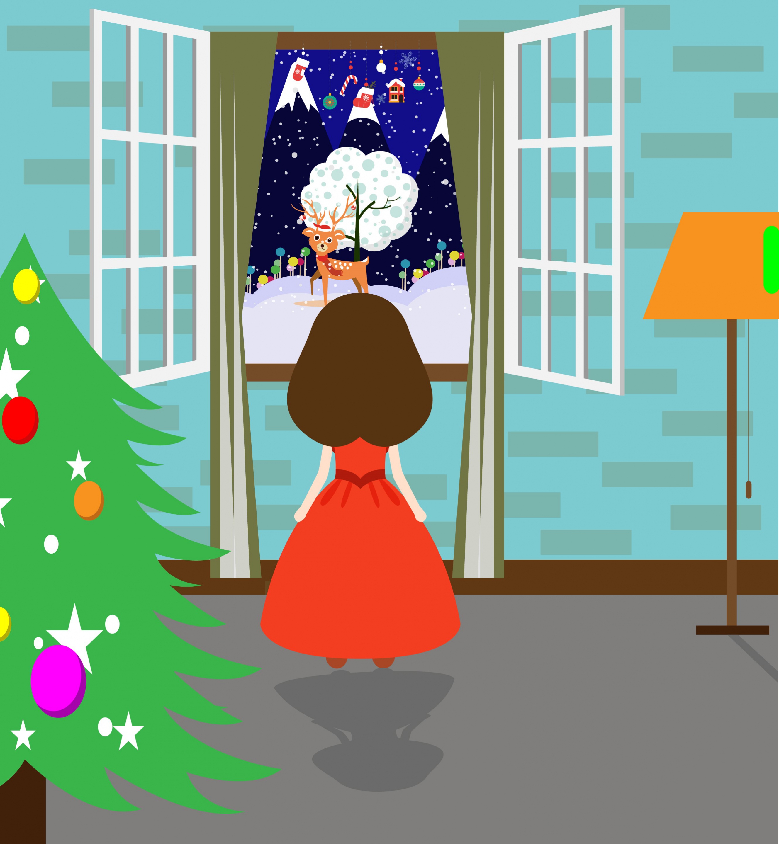 winter theme design girl and symbols through window