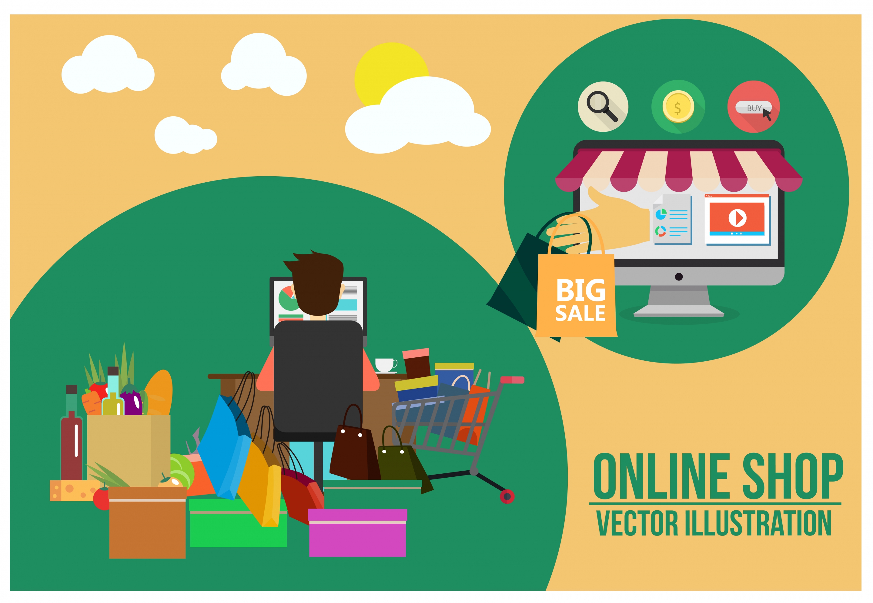 online shopping concept male and various goods illustration