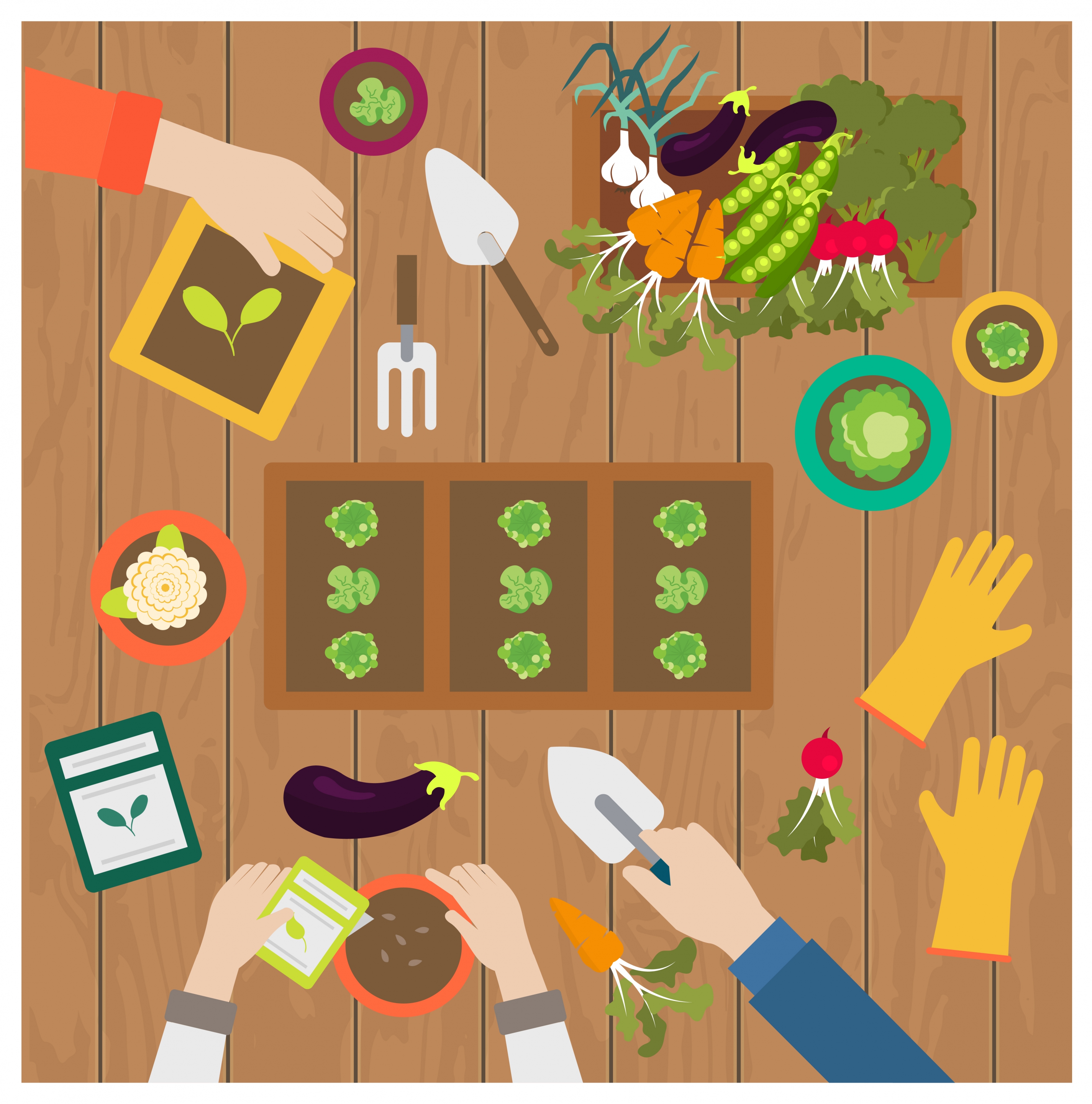 gardening works concept illustration with hands and products