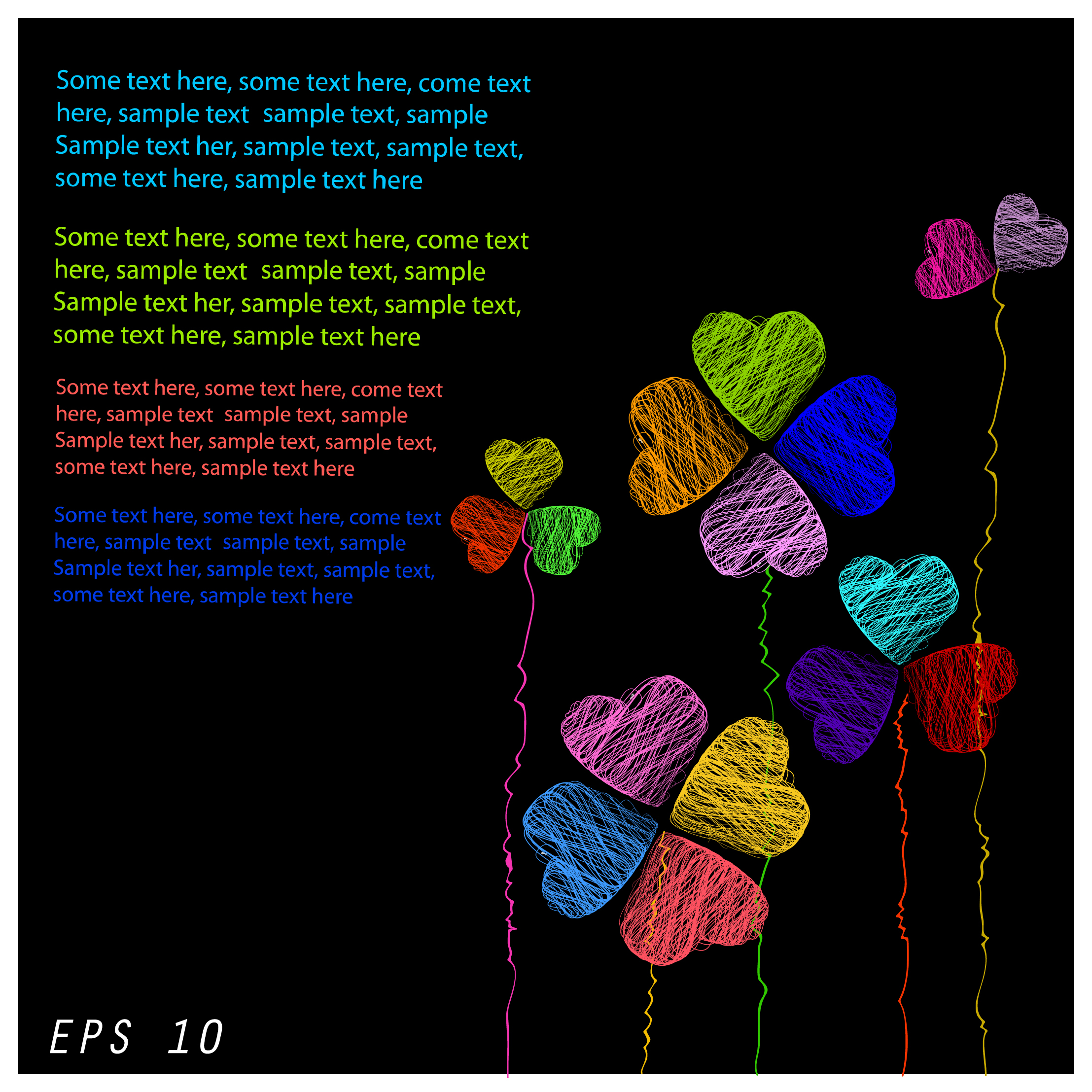 colorful hand drawing hearts template with text space