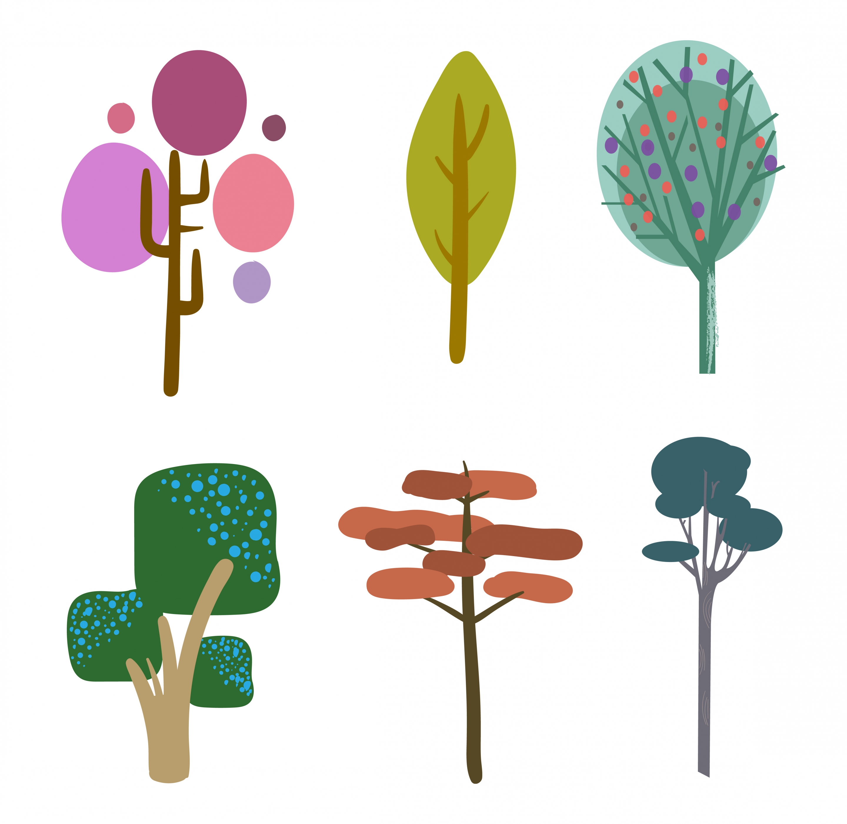 tree icons collection colored hand drawn style