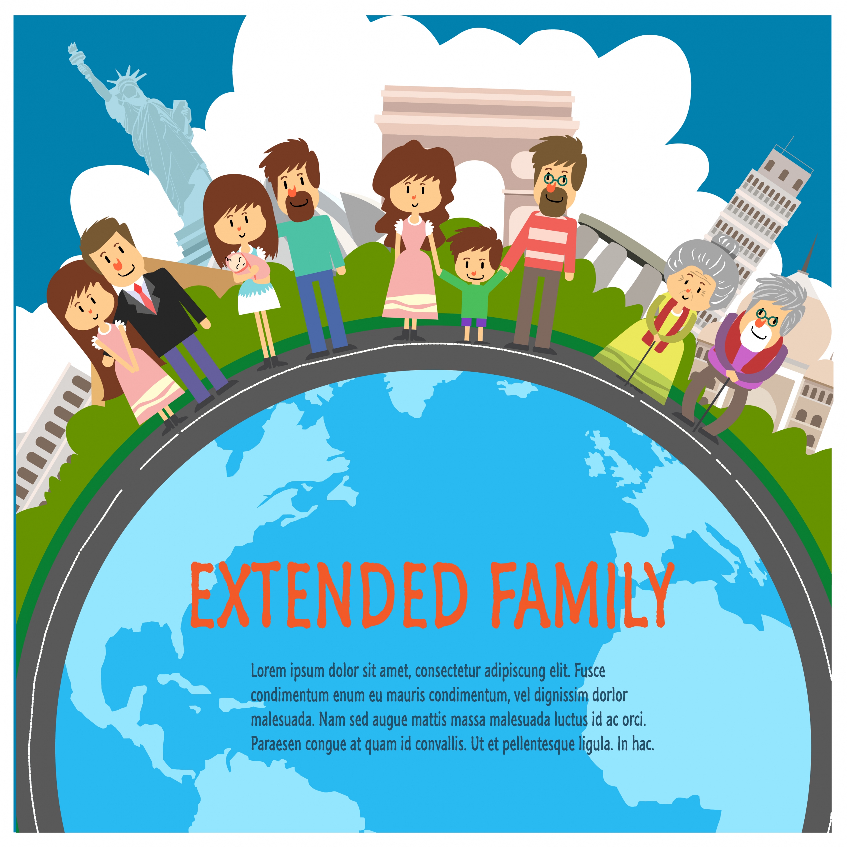 extended family concepts with many generations illustration