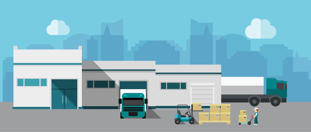 warehouse building vector illustration with delivery activity