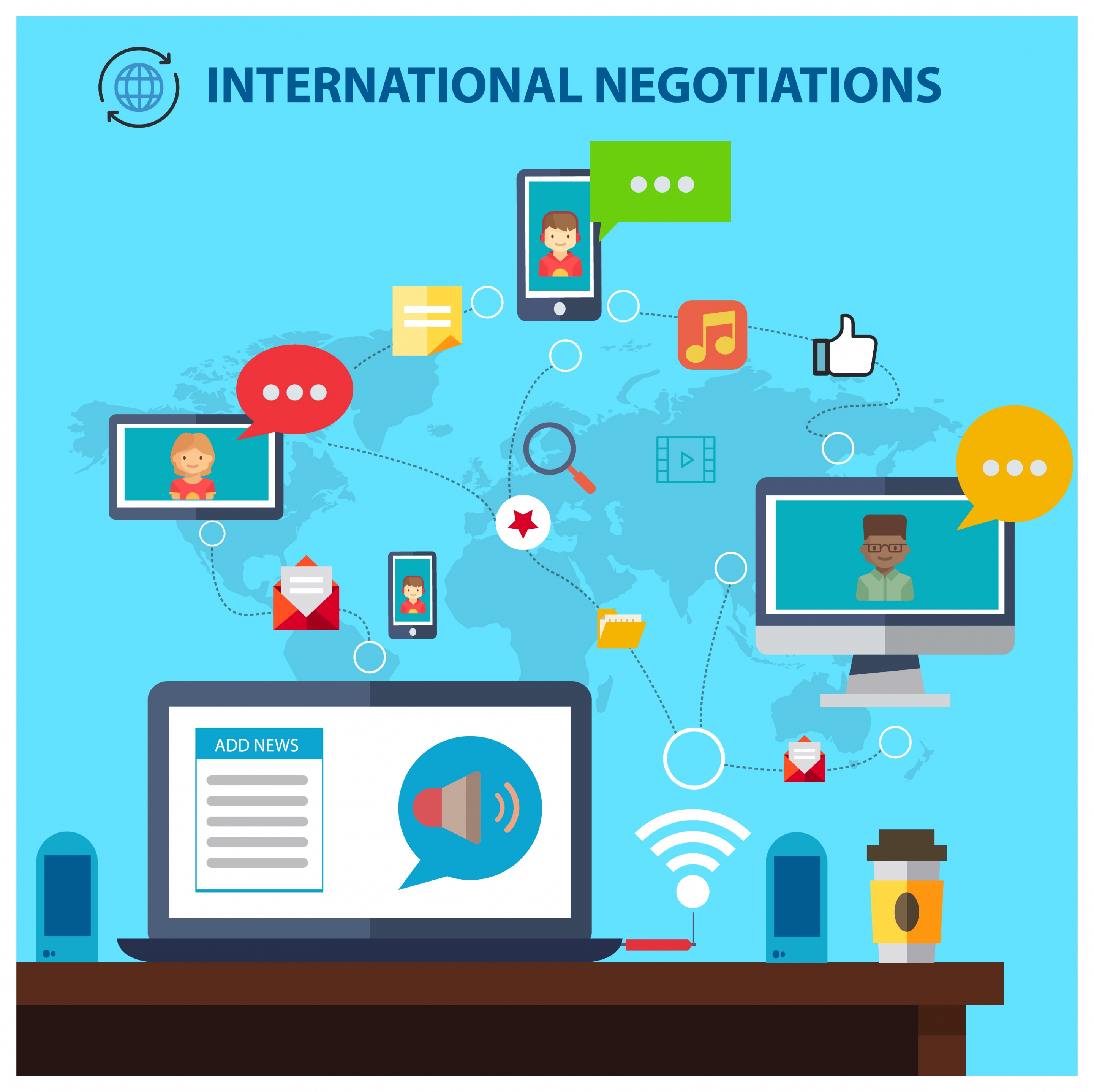 international negotiations concept with computing interfaces illustration