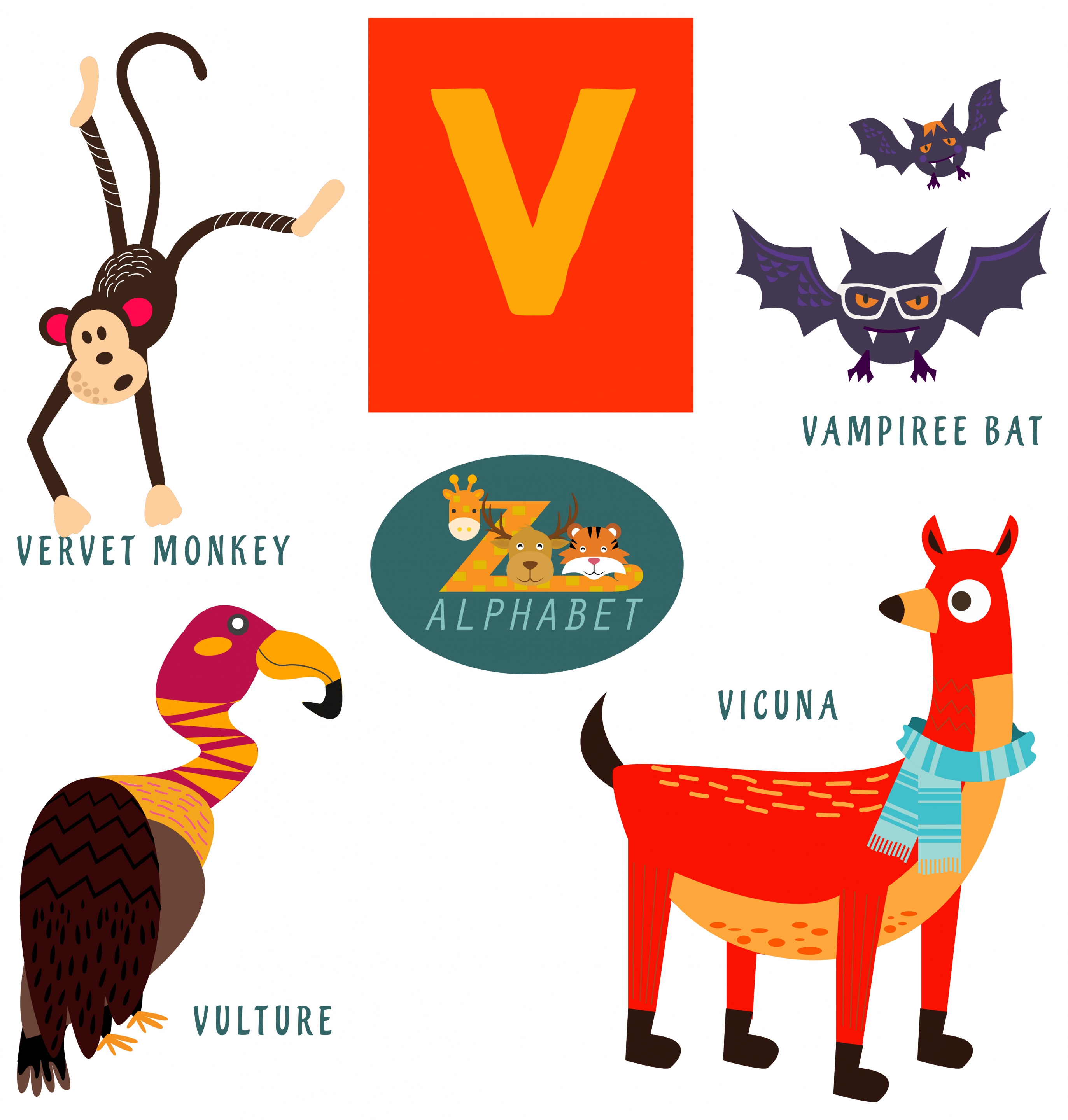 v letter education design with wild animals