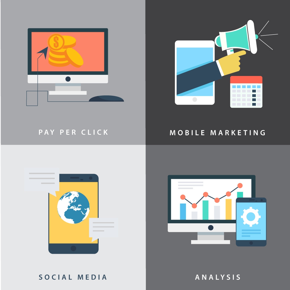 online business development elements with digital applications illustration