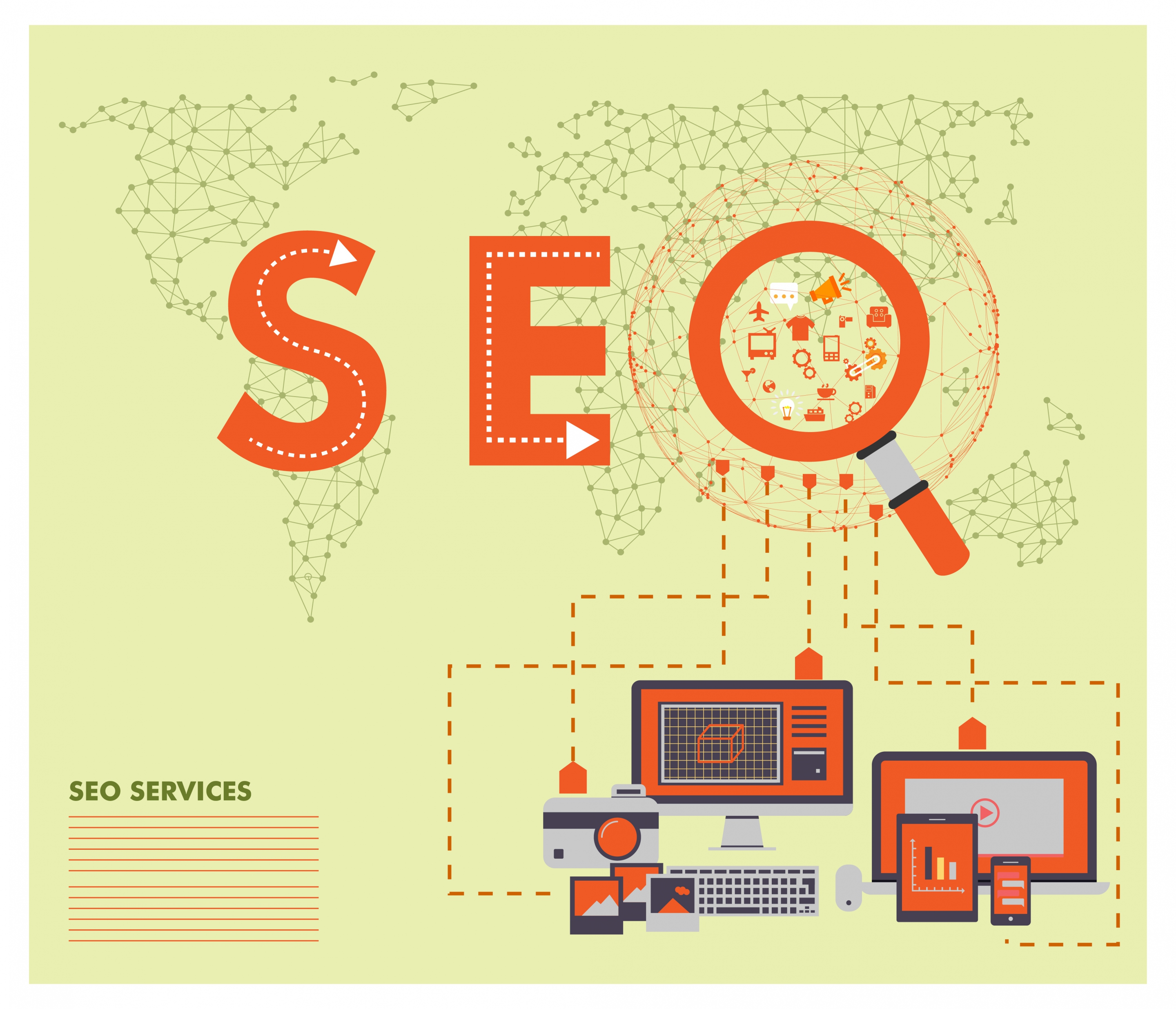 seo services concept vector illustration with magnifier and devices