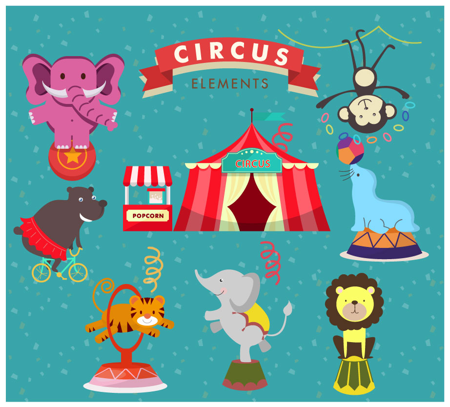 circus elements vector design with cute performing animals