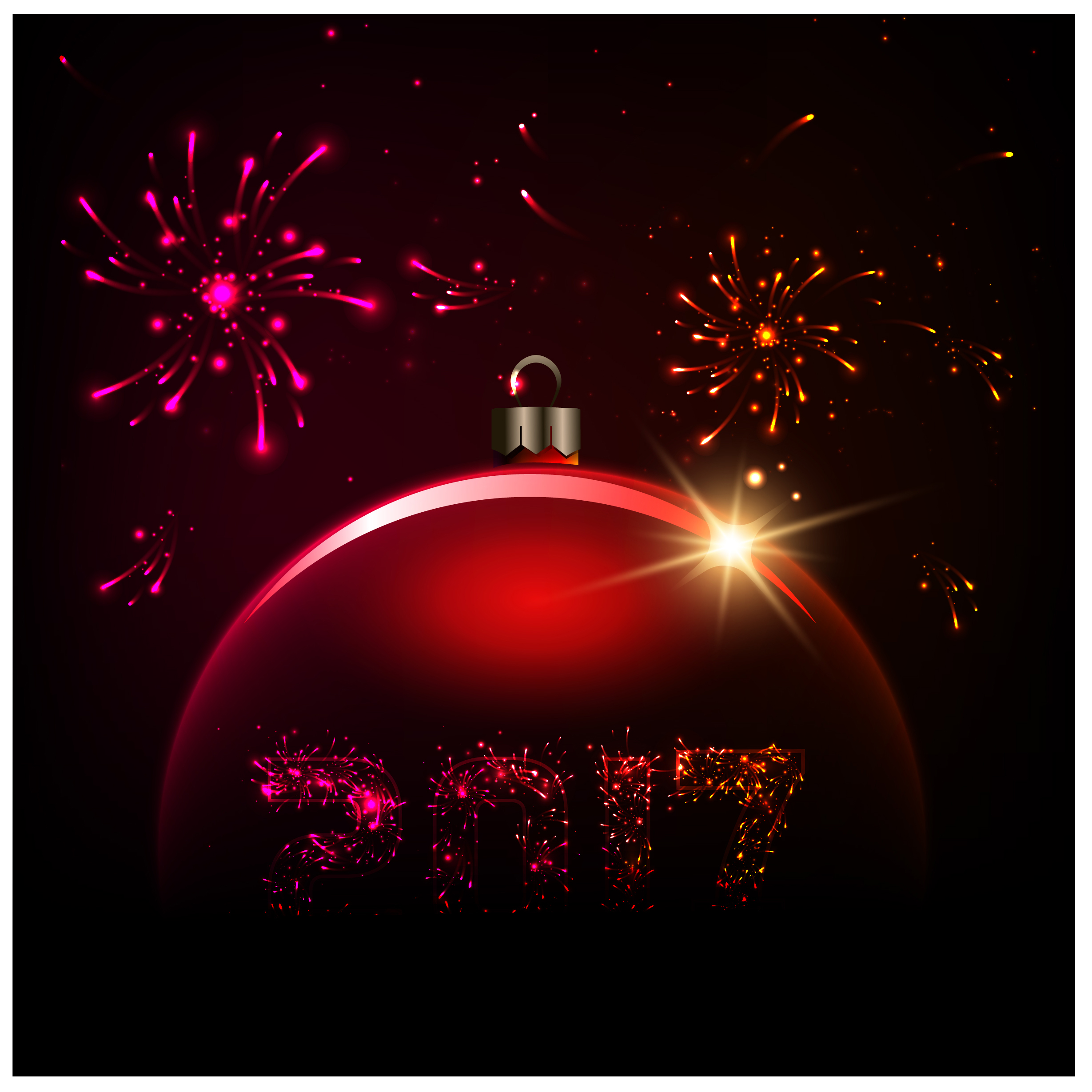 2017 card template illustration with fireworks and bauble