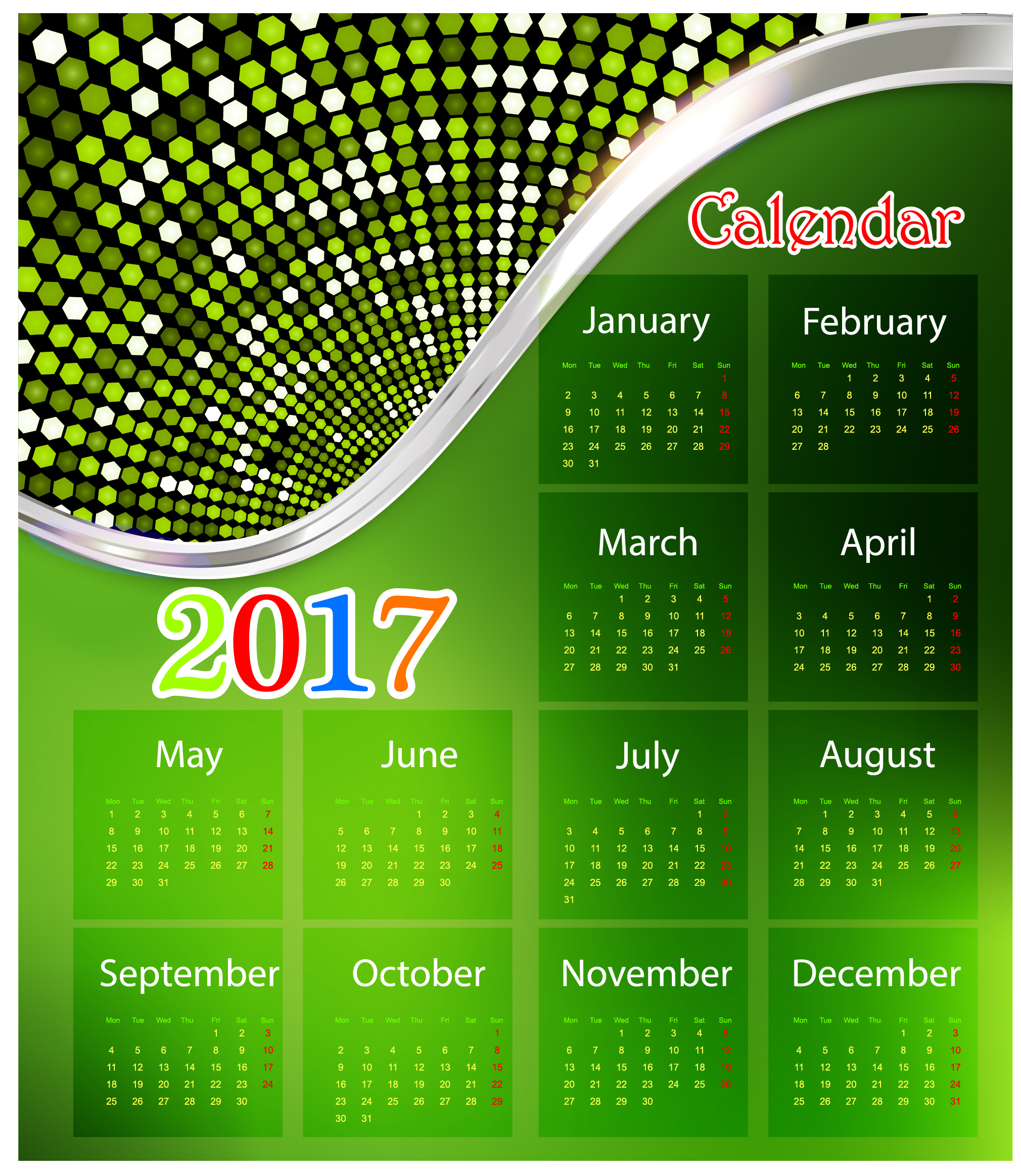 calendar 2017 design with green background modern style