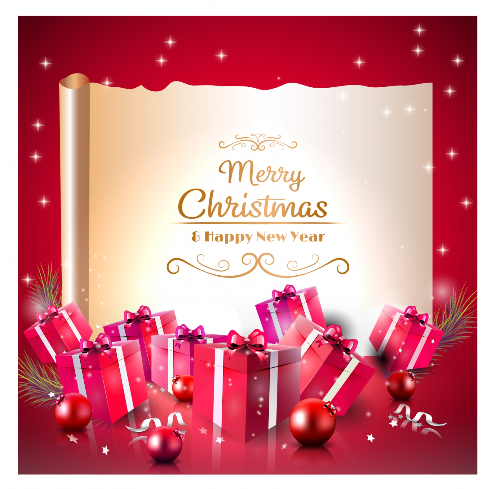 Luxury Christmas greeting card with red gift boxes and old paper