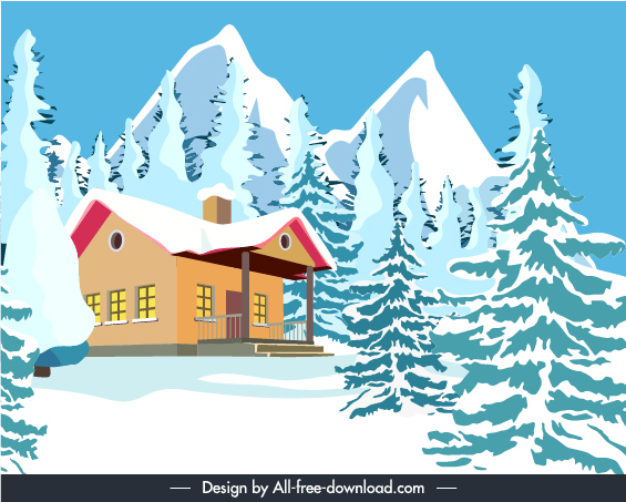 winter scene banner template snow mountain cottage sketch