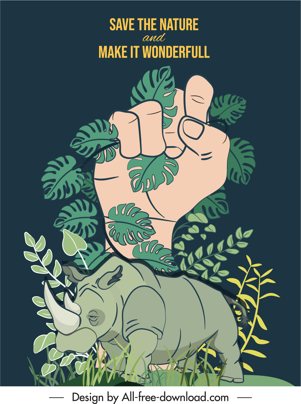 wildlife banner template rhino leaves hand sketch