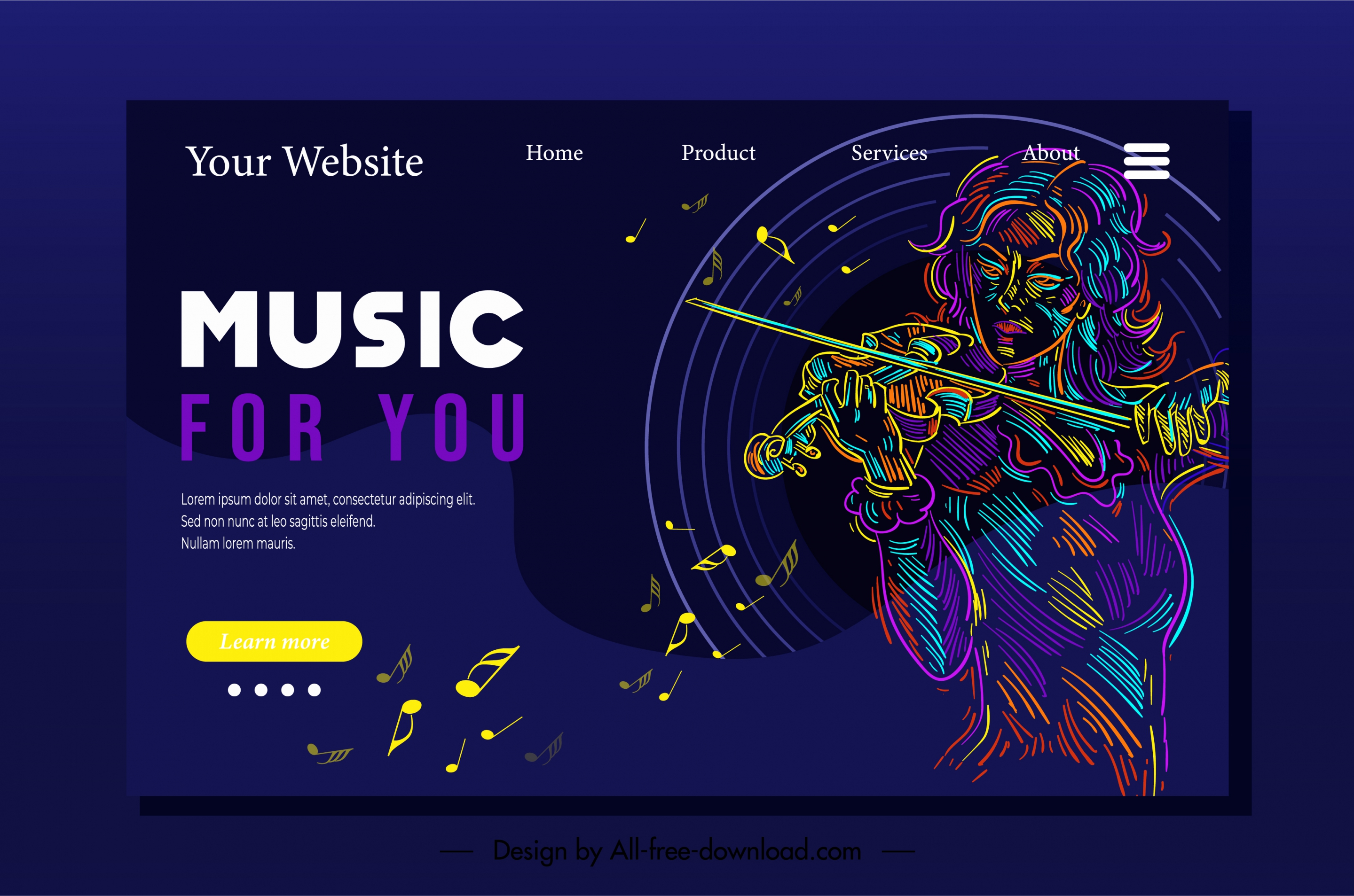 music homepage template dark colors blended violinist sketch