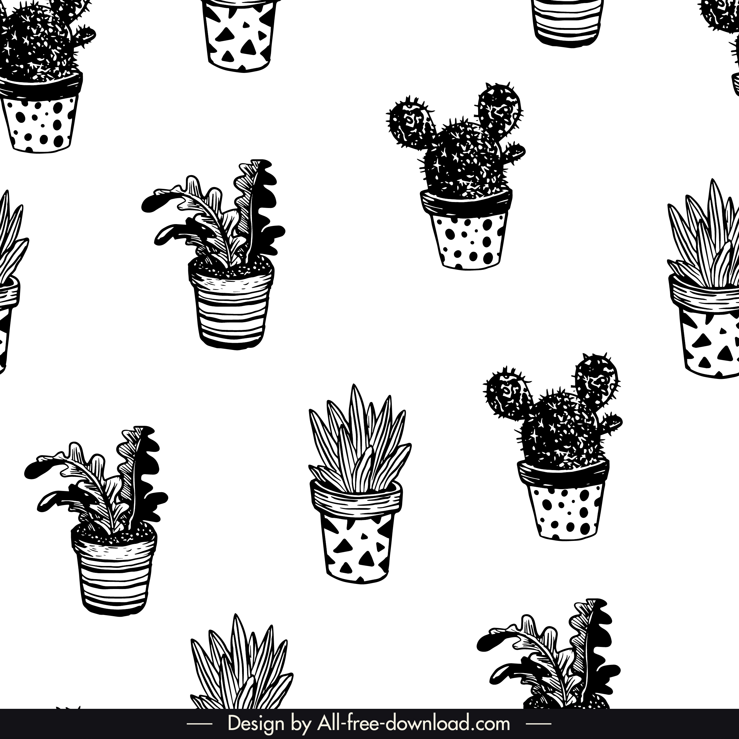 houseplants pattern black white classical handdrawn sketch