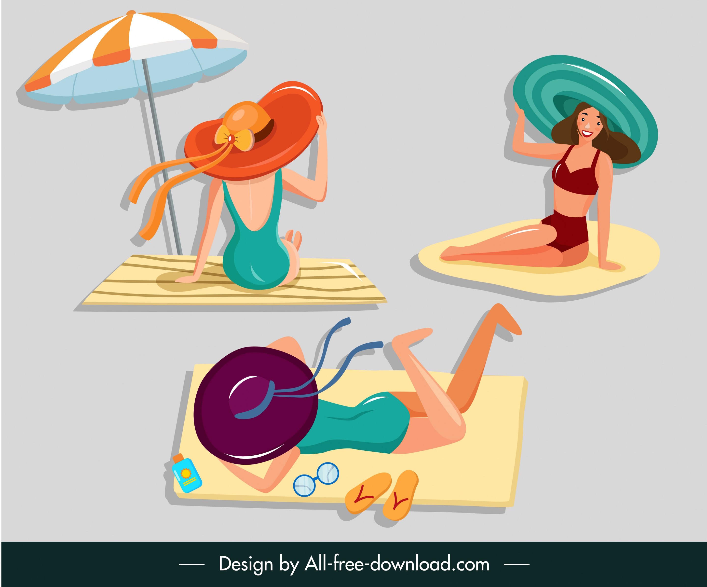 bikini girls icons colored cartoon sketch