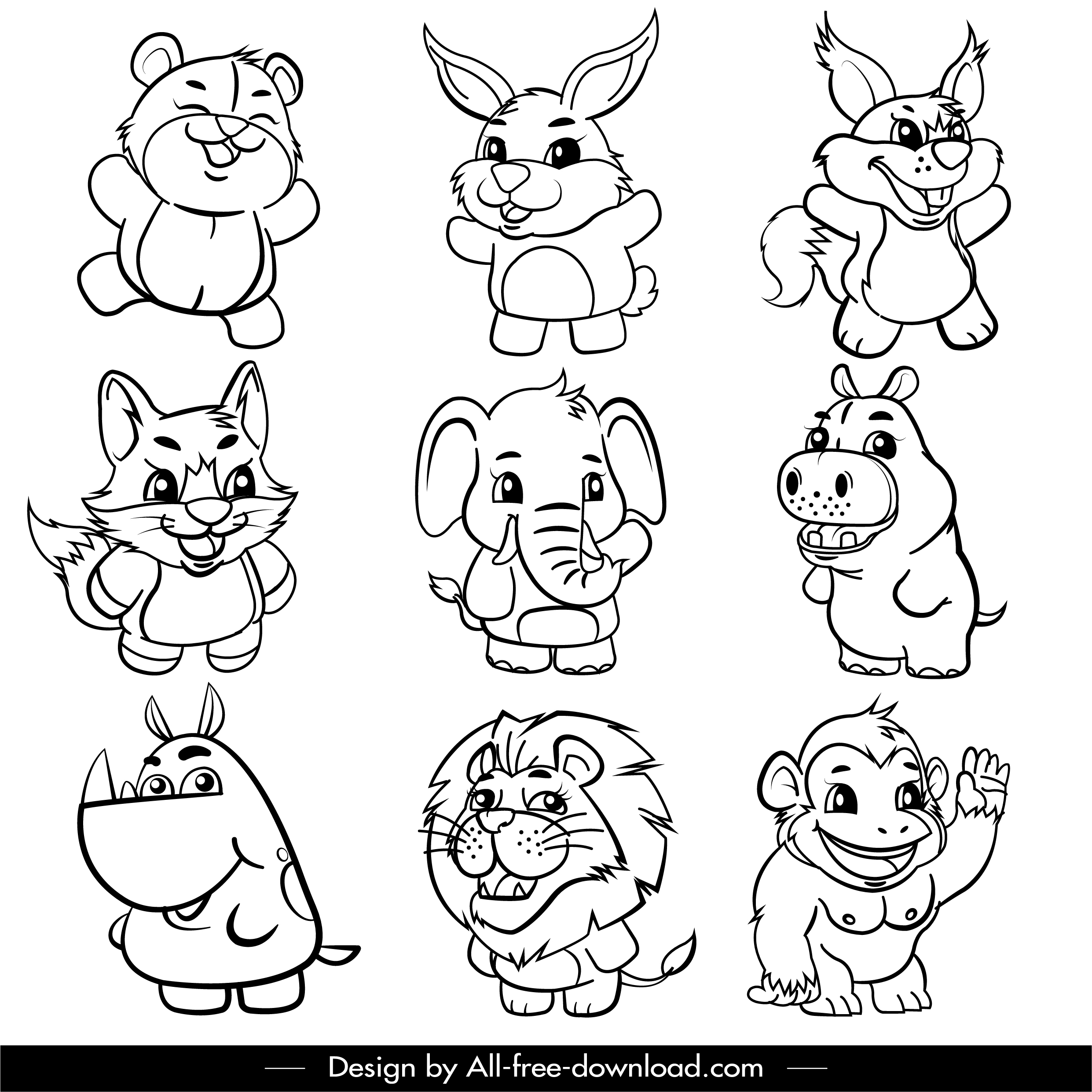 animals icons cute cartoon sketch blak white handdrawn